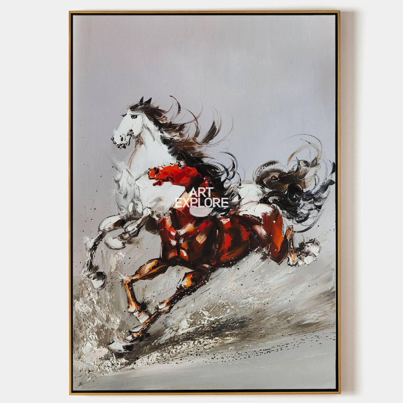 Original hand painted crimson white abstract horse oil painting canvas wall art, nordic scandinavian elegant luxury modern living room