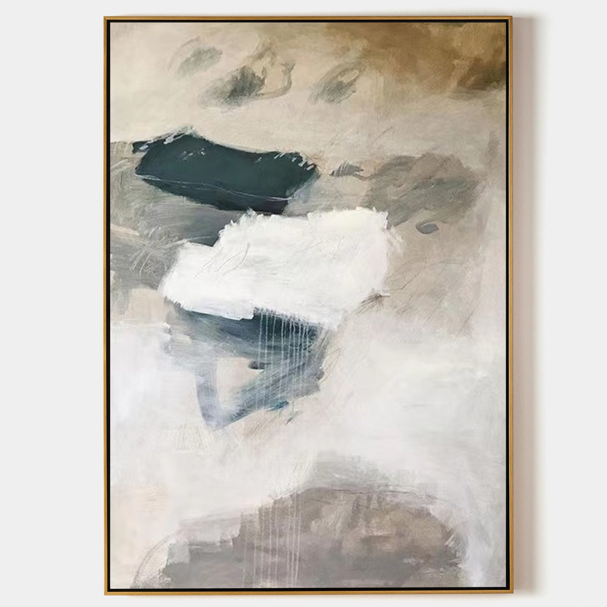 Original hand painted teal ivory grey abstract oil painting canvas wall art, nordic scandinavian minimalist elegant luxury modern livin
