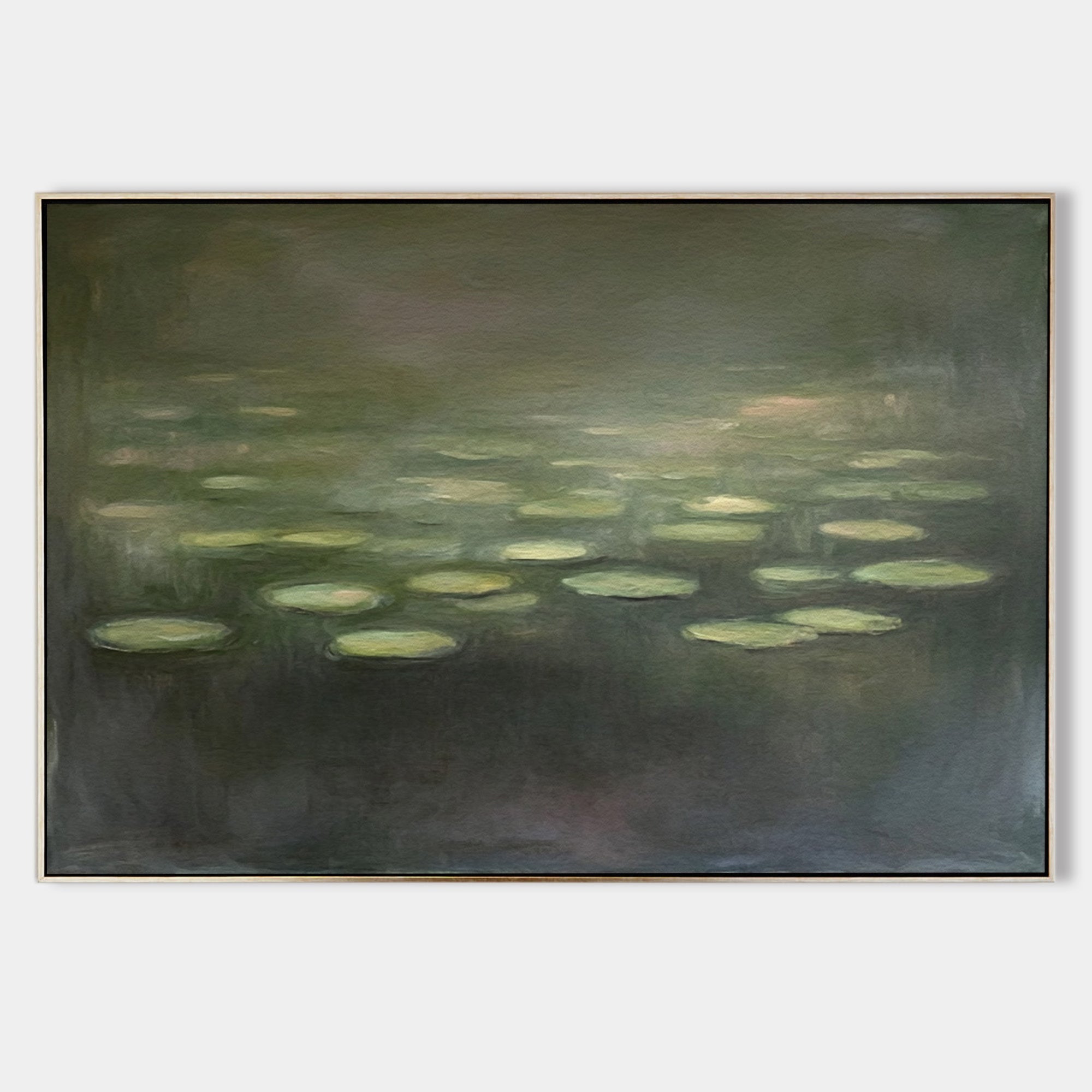 Original hand painted sage green water lily abstract oil painting canvas wall art, nordic scandinavian elegant luxury modern living roo