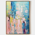 Original hand painted blue pink abstract oil painting canvas wall art, textured modern scandinavian elegant luxury living room home dec