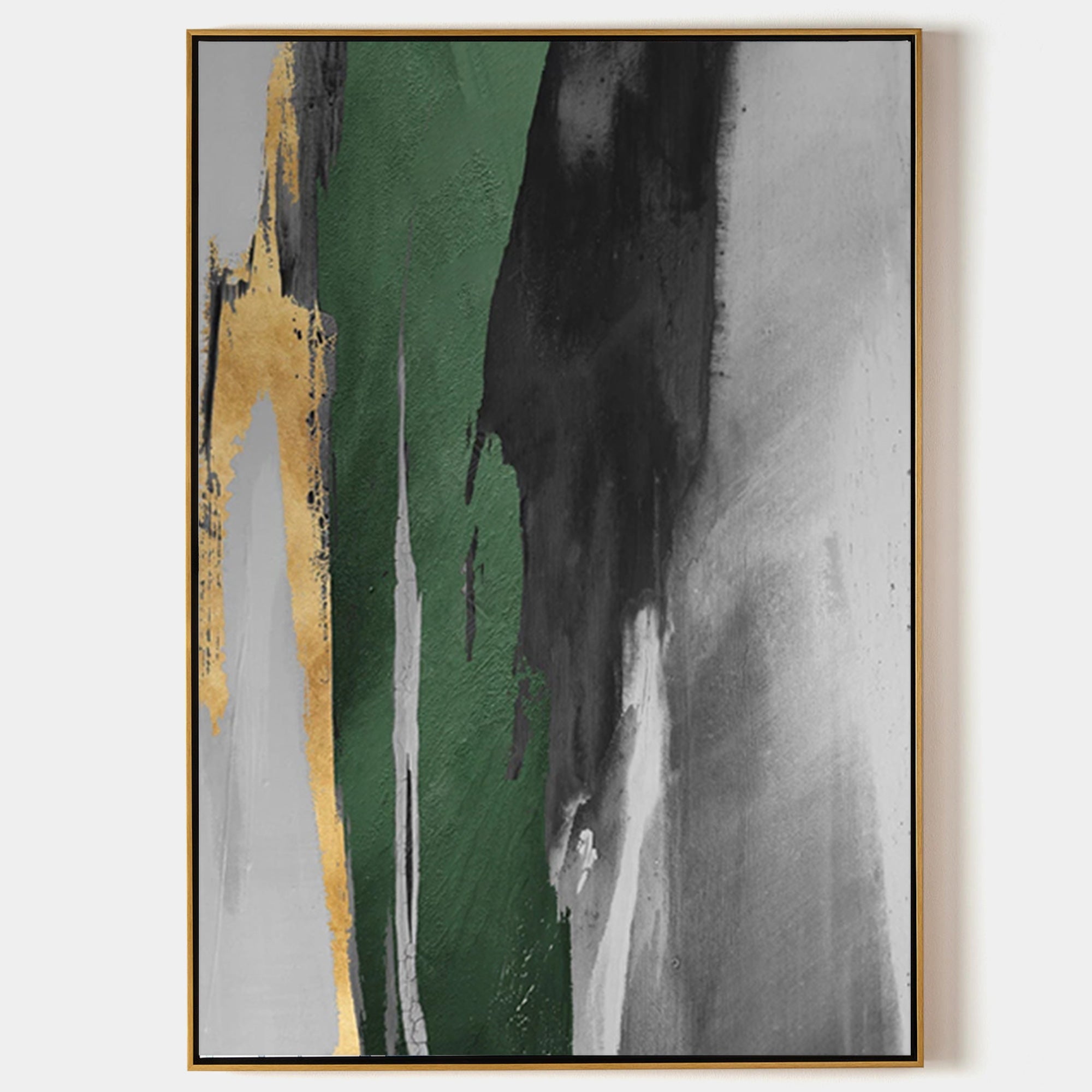 Original hand painted forest green black gold abstract oil painting canvas wall art, nordic scandinavian elegant luxury modern living r