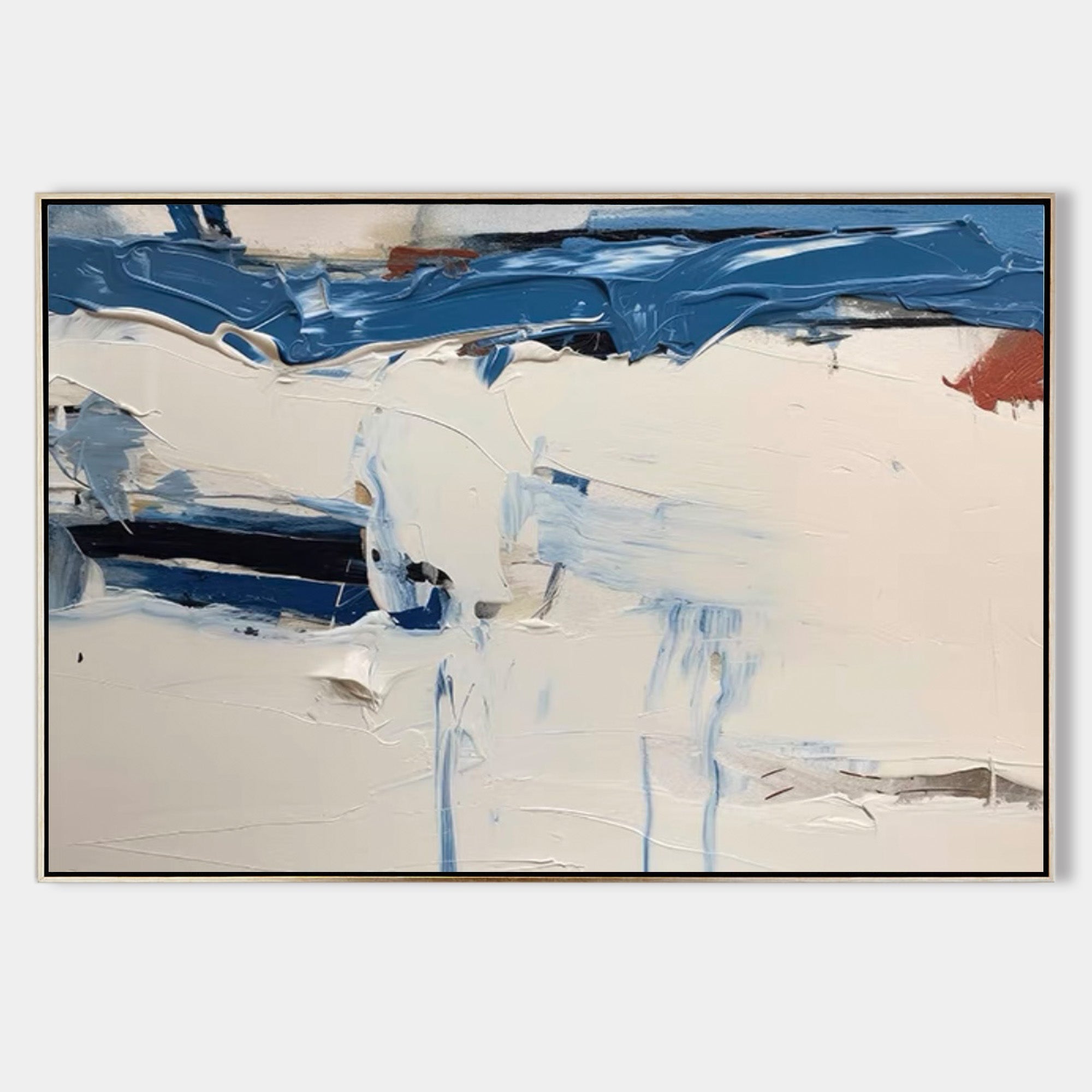 Original hand painted blue ivory abstract oil painting canvas wall art, heavy textured brushwork coastal nordic scandinavian elegant lu