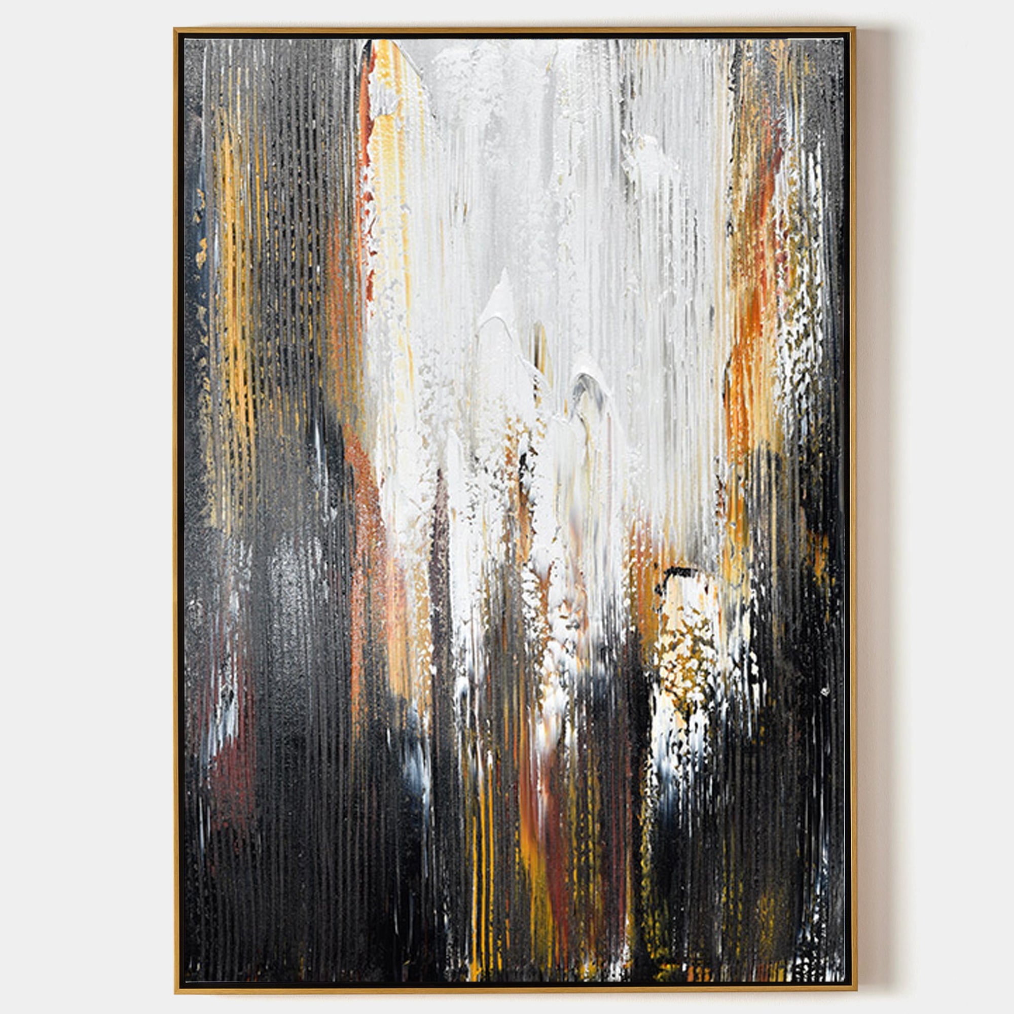 Original hand painted black white gold abstract oil painting canvas wall art, modern elegant luxury nordic scandinavian interior design