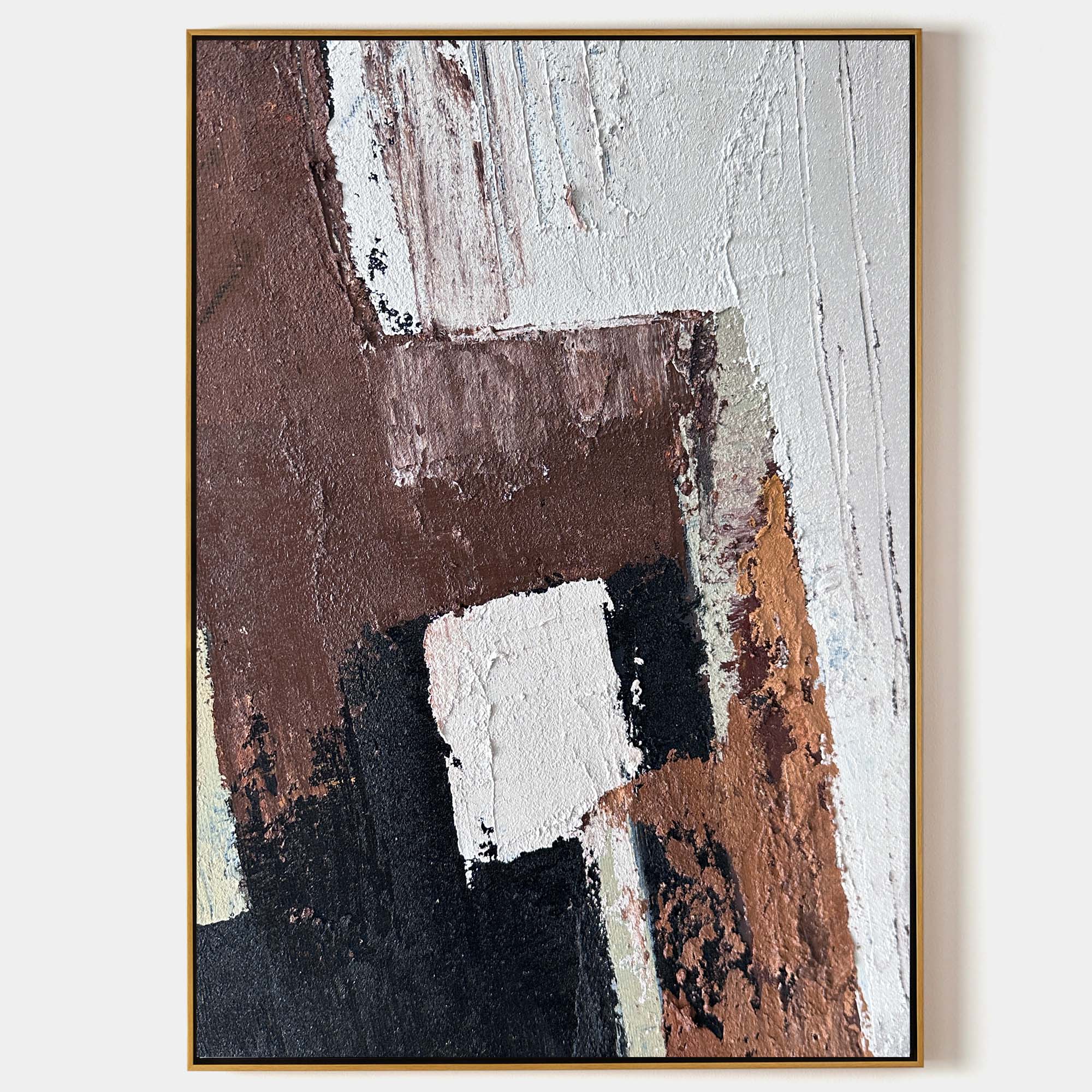 Original hand painted sienna brown black white geometric abstract oil painting canvas wall art, modern nordic scandinavian elegant luxu