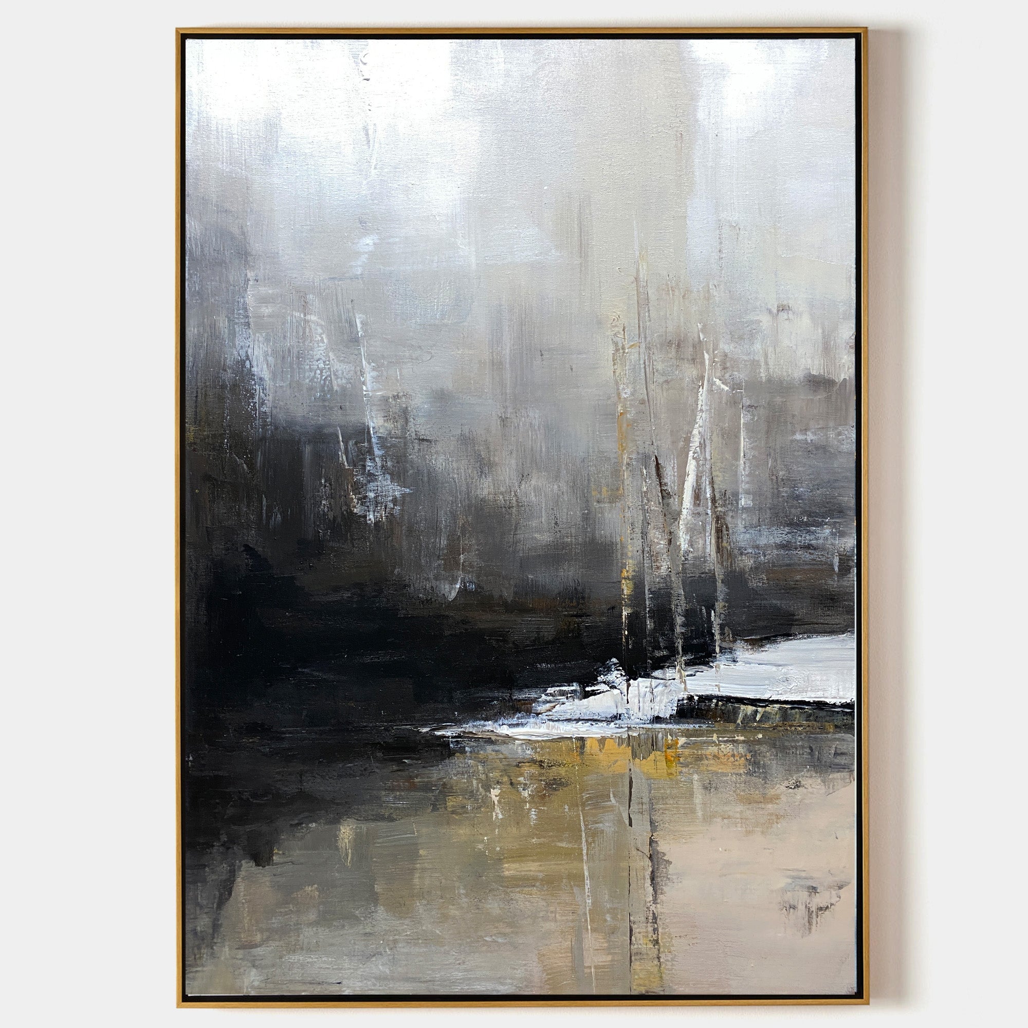 Original hand painted charcoal silver gold abstract oil painting canvas wall art, nordic scandinavian elegant moody luxury modern livin
