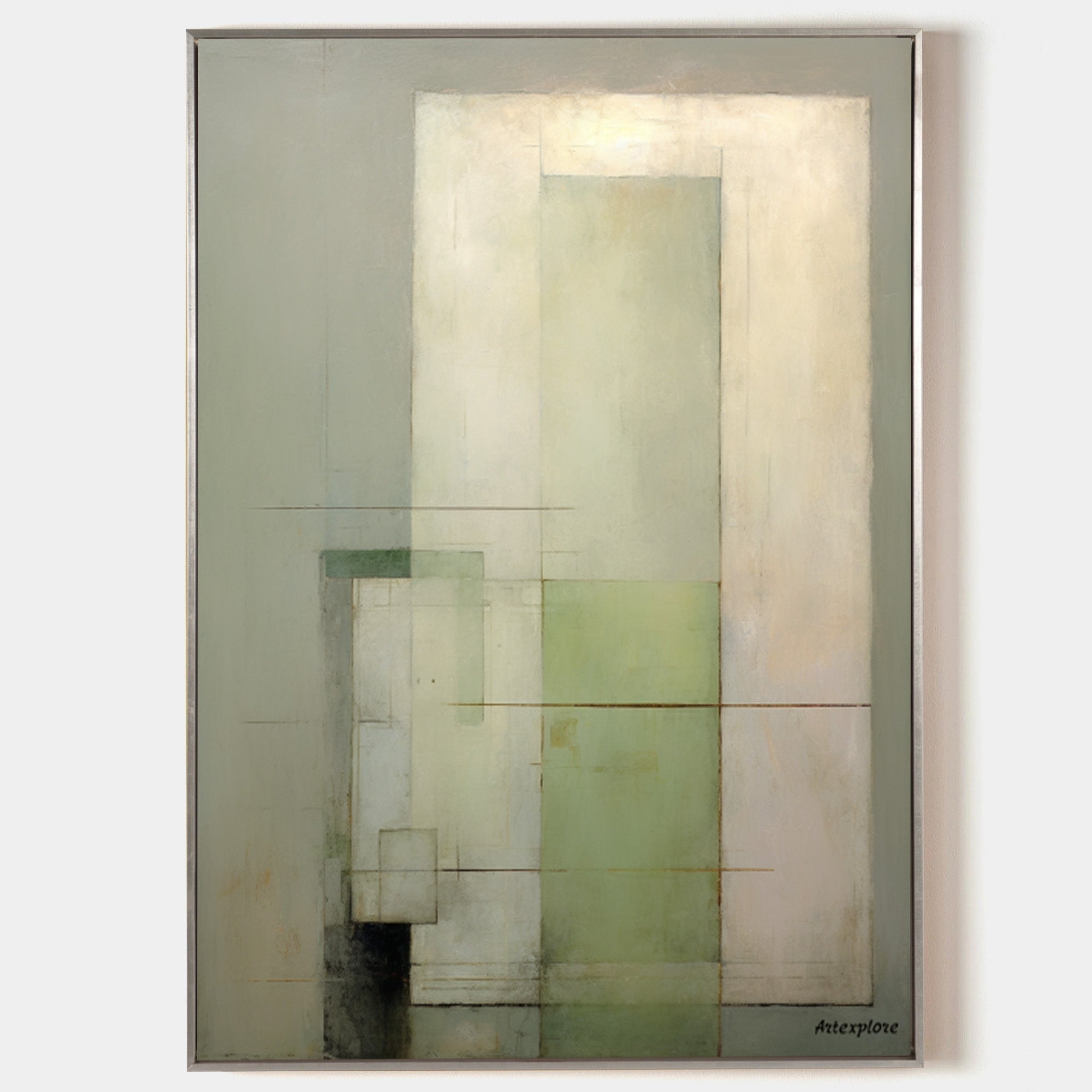 Original hand painted sage green geometric abstract oil painting canvas wall art, nordic scandinavian minimalist elegant luxury modern