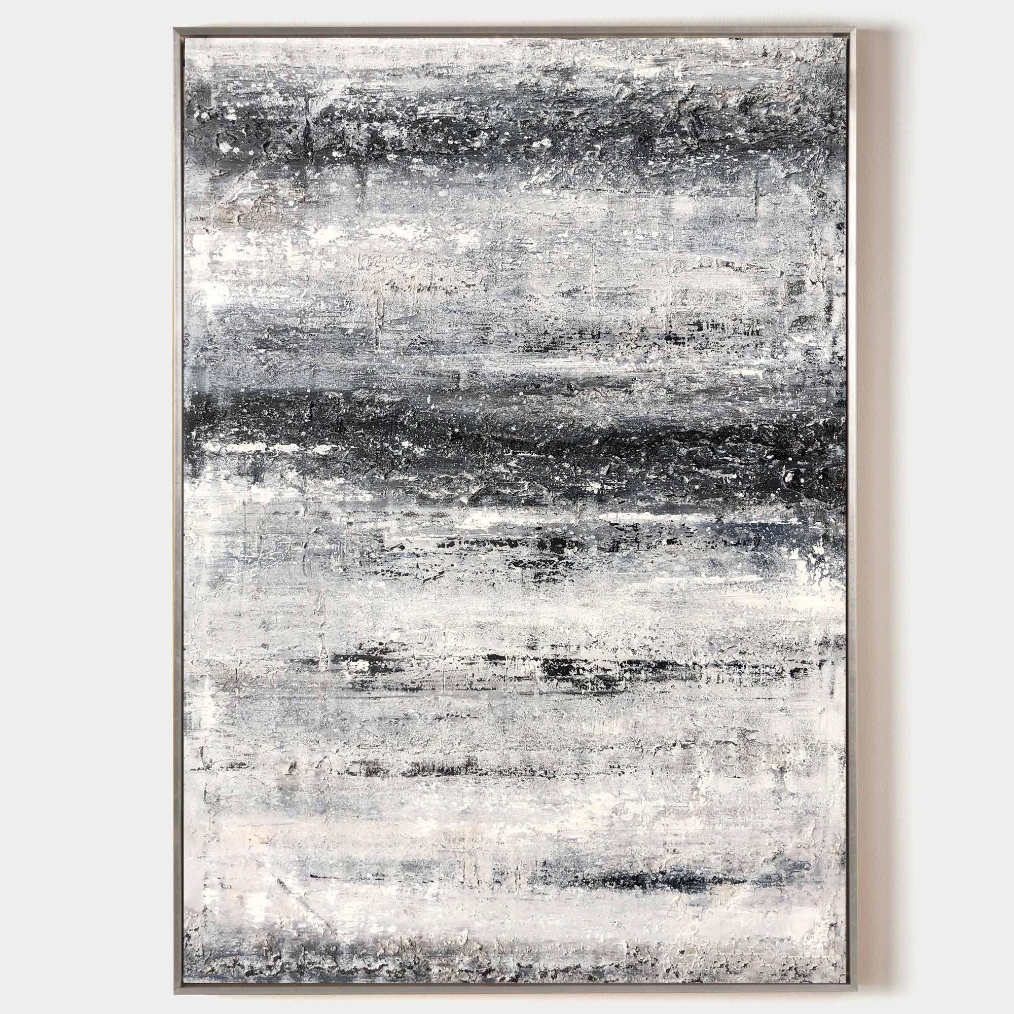 Original hand painted monochrome abstract oil painting, layered charcoal black grey white textured canvas, nordic scandinavian elegant
