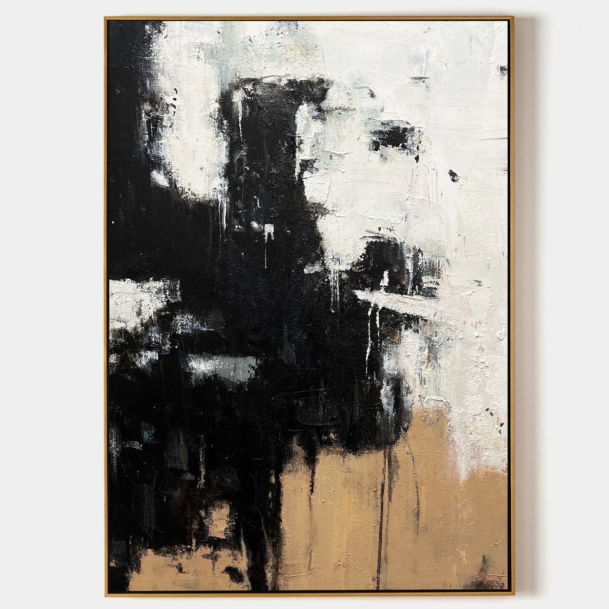 Original hand painted black ivory tan abstract oil painting canvas wall art, nordic scandinavian elegant luxury modern minimalist home
