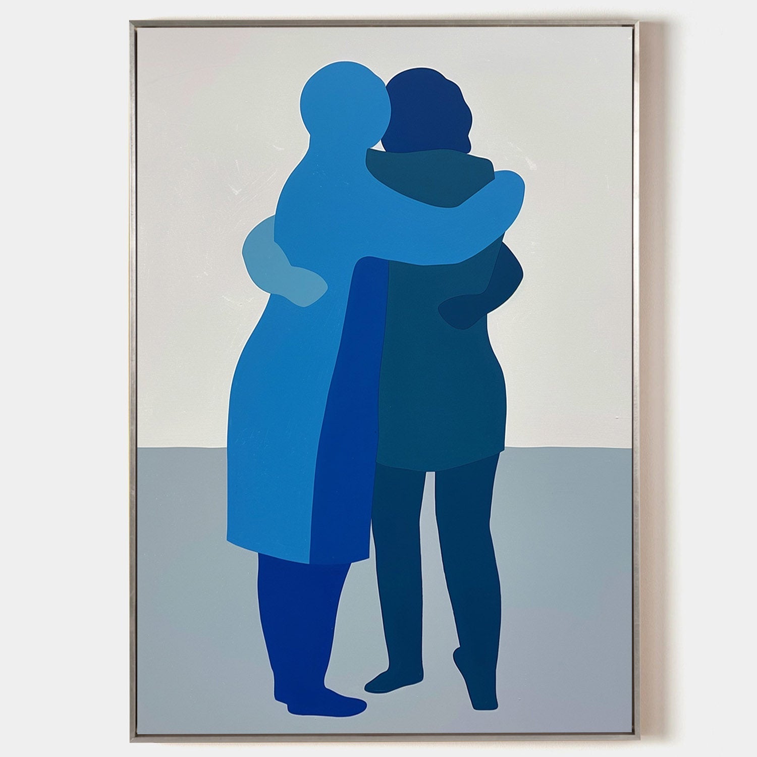 Original hand painted cobalt blue abstract embracing figures oil painting canvas wall art, nordic scandinavian minimalist elegant luxur