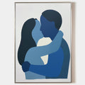 Original hand painted navy cobalt blue embracing couple silhouette abstract oil painting canvas, nordic scandinavian minimalist elegant