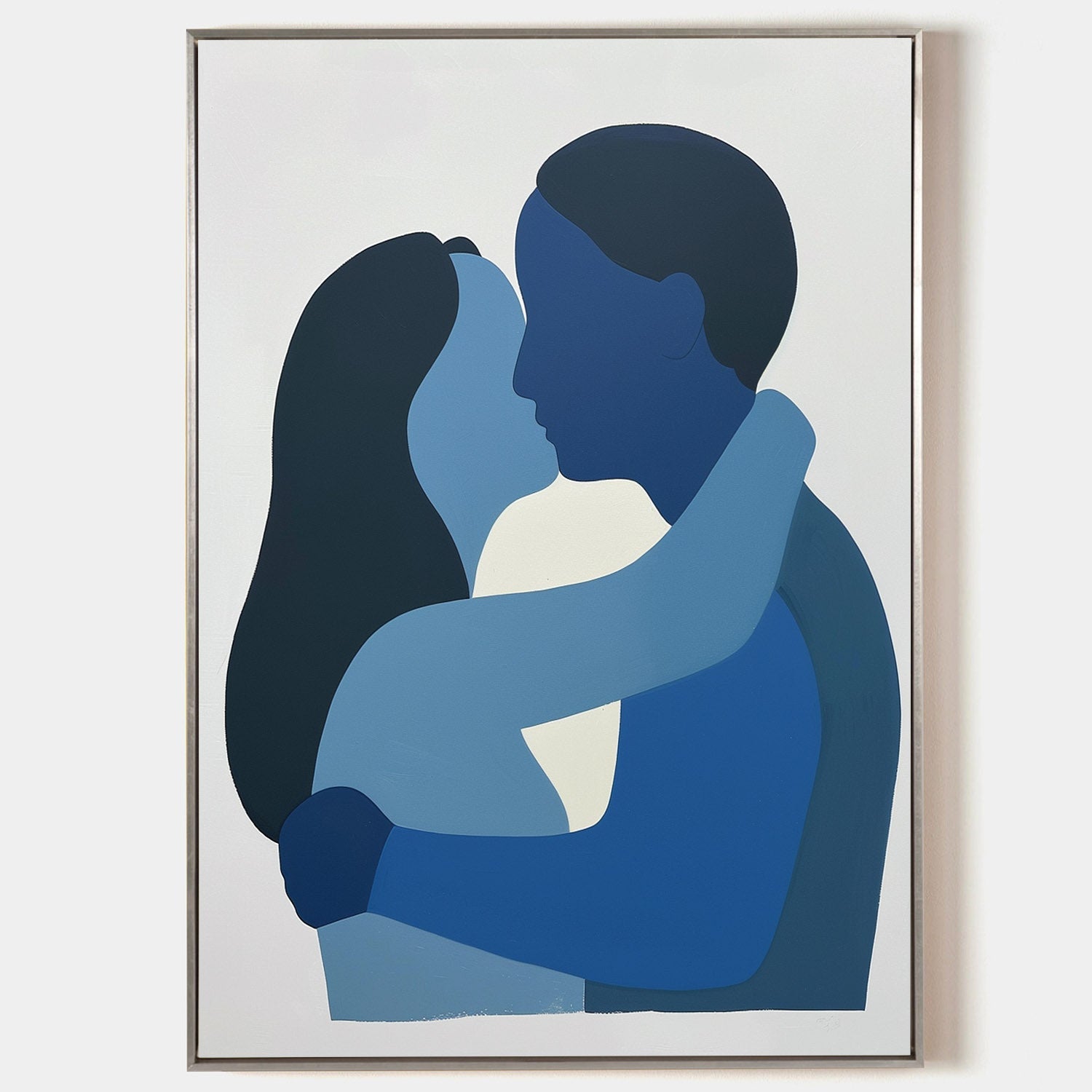 Original hand painted navy cobalt blue embracing couple silhouette abstract oil painting canvas, nordic scandinavian minimalist elegant