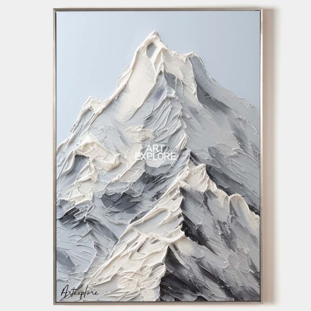 Original hand painted white grey textured snow mountain abstract oil painting canvas wall art, nordic scandinavian minimalist elegant l