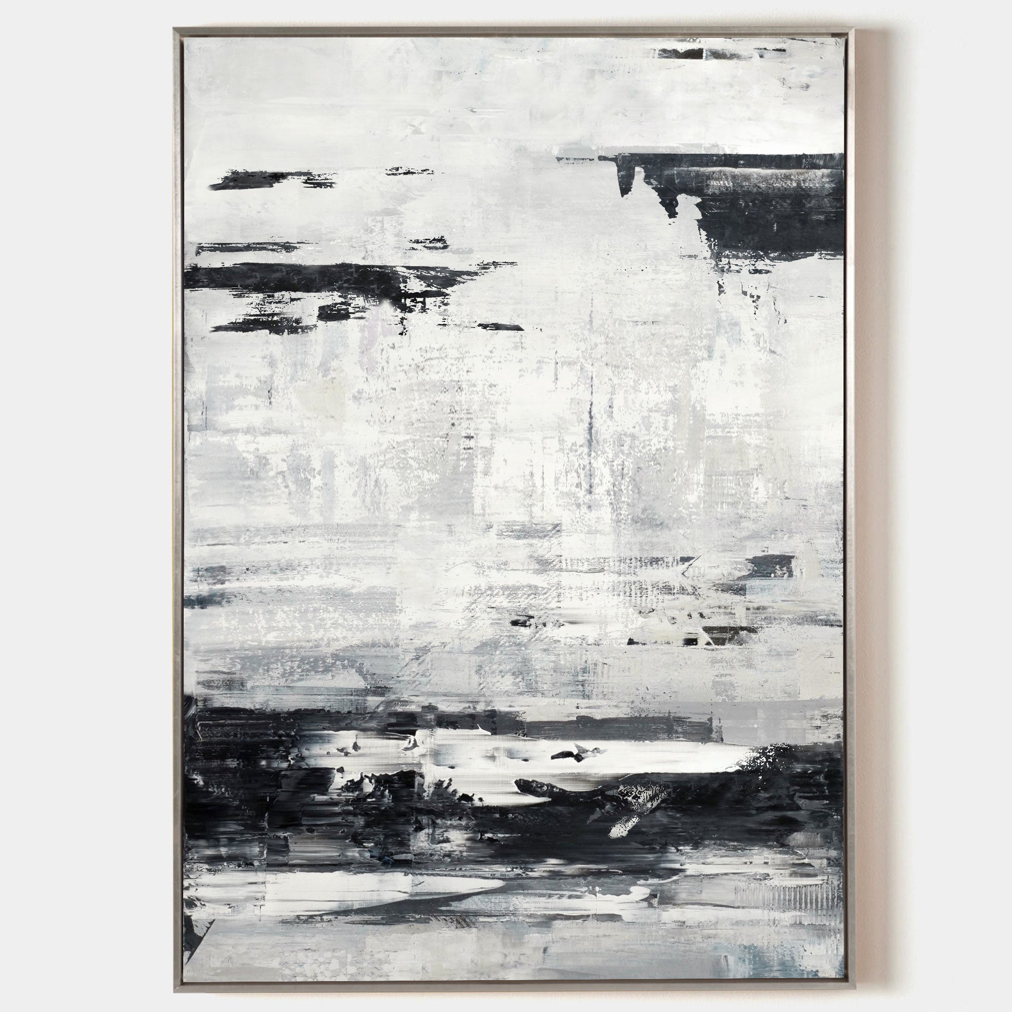Original hand painted black white grey abstract oil painting canvas wall art, nordic scandinavian minimalist elegant luxury modern livi