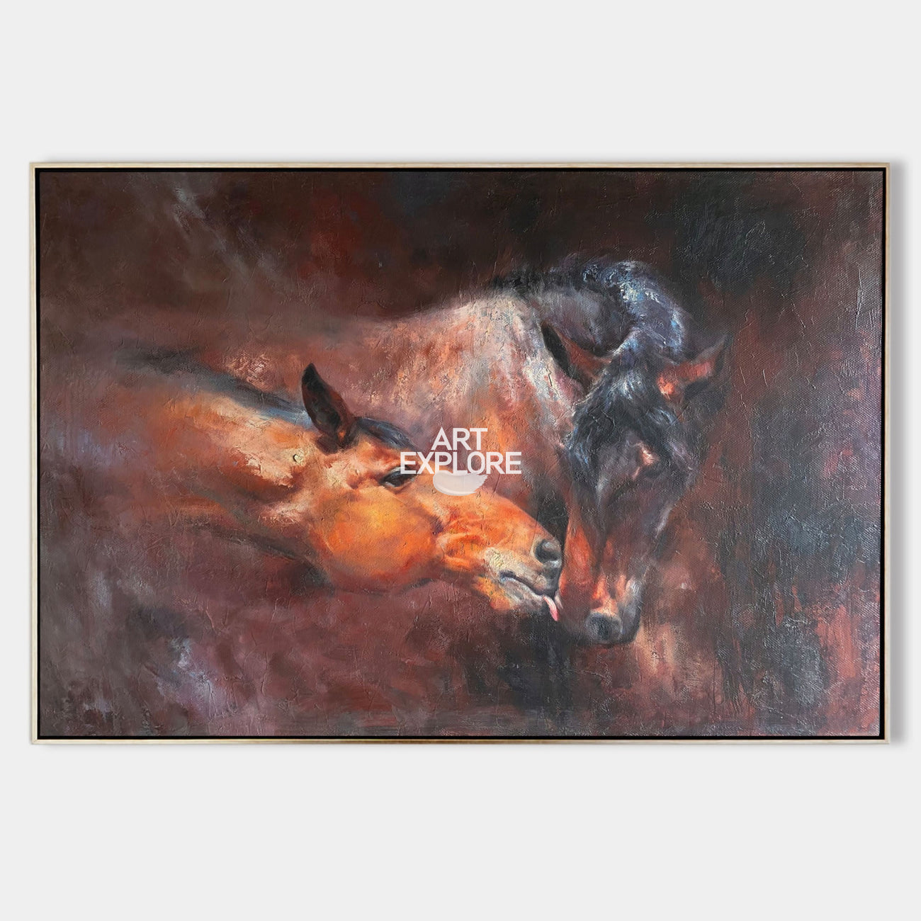 Original hand painted amber sienna horse mare foal oil painting canvas, elegant vintage luxury modern living room home decor interior d