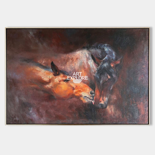 Original hand painted amber sienna horse mare foal oil painting canvas, elegant vintage luxury modern living room home decor interior d