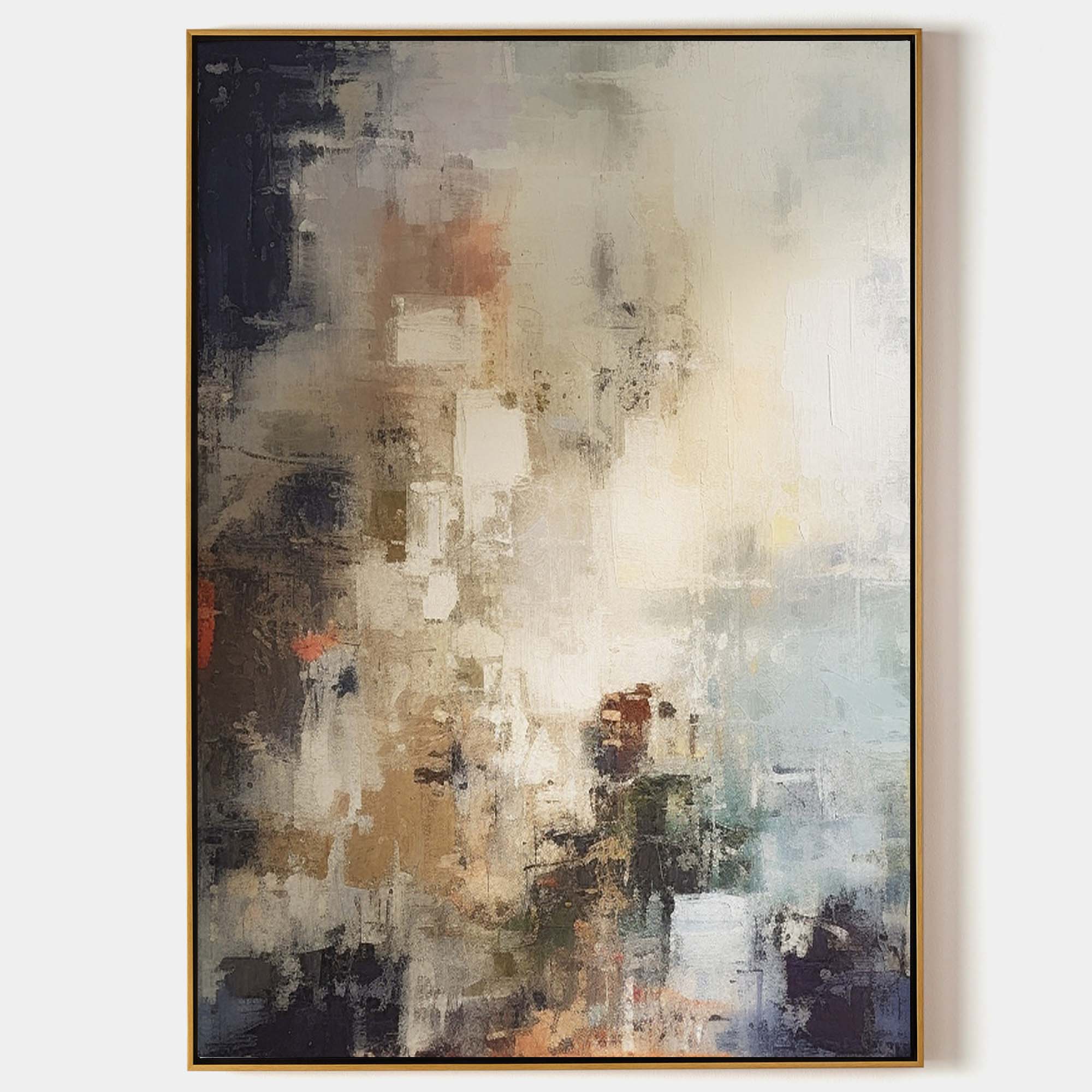 Original hand painted abstract oil painting warm amber charcoal ivory glowing light canvas wall art elegant luxury nordic scandinavian