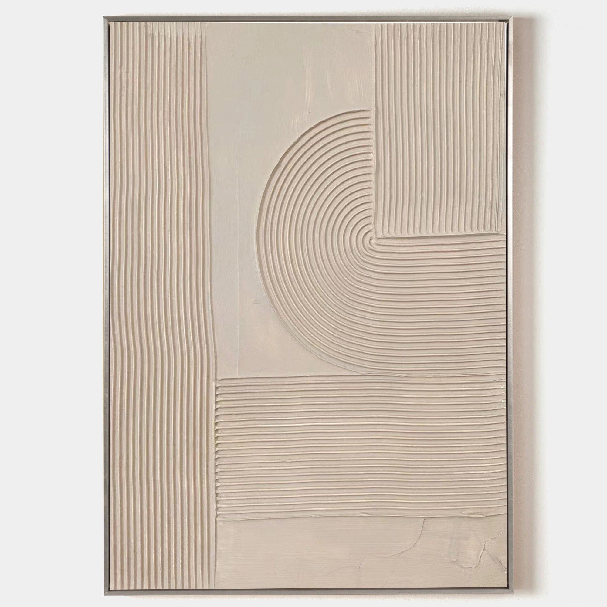 Original hand painted cream textured geometric oil painting canvas wall art, raised concentric arcs ridged lines nordic scandinavian mi