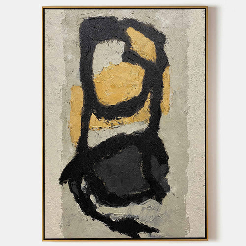 Original hand painted black gold abstract oil painting canvas wall art, bold brushstrokes textured grey nordic scandinavian elegant lux