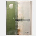 Original hand painted sage green abstract oil painting canvas wall art, white circle moon, nordic scandinavian minimalist elegant luxur
