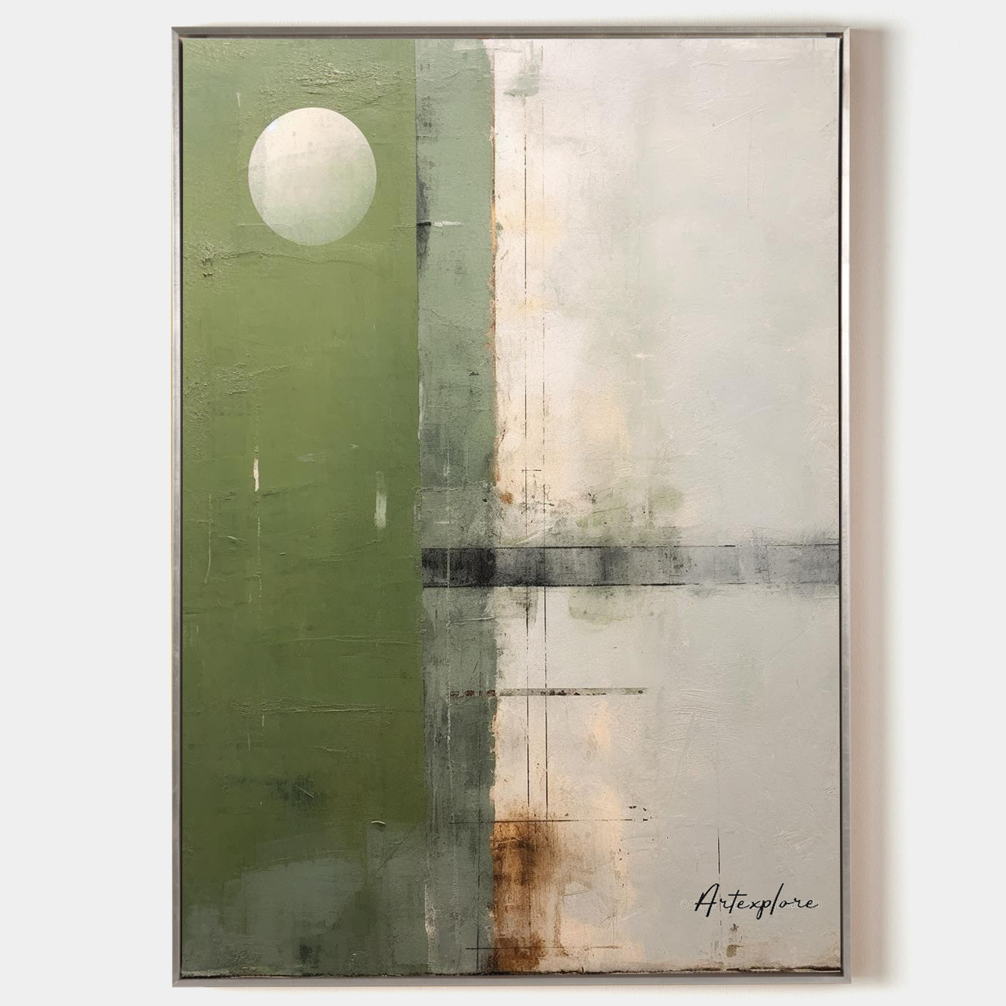 Original hand painted sage green abstract oil painting canvas wall art, white circle moon, nordic scandinavian minimalist elegant luxur