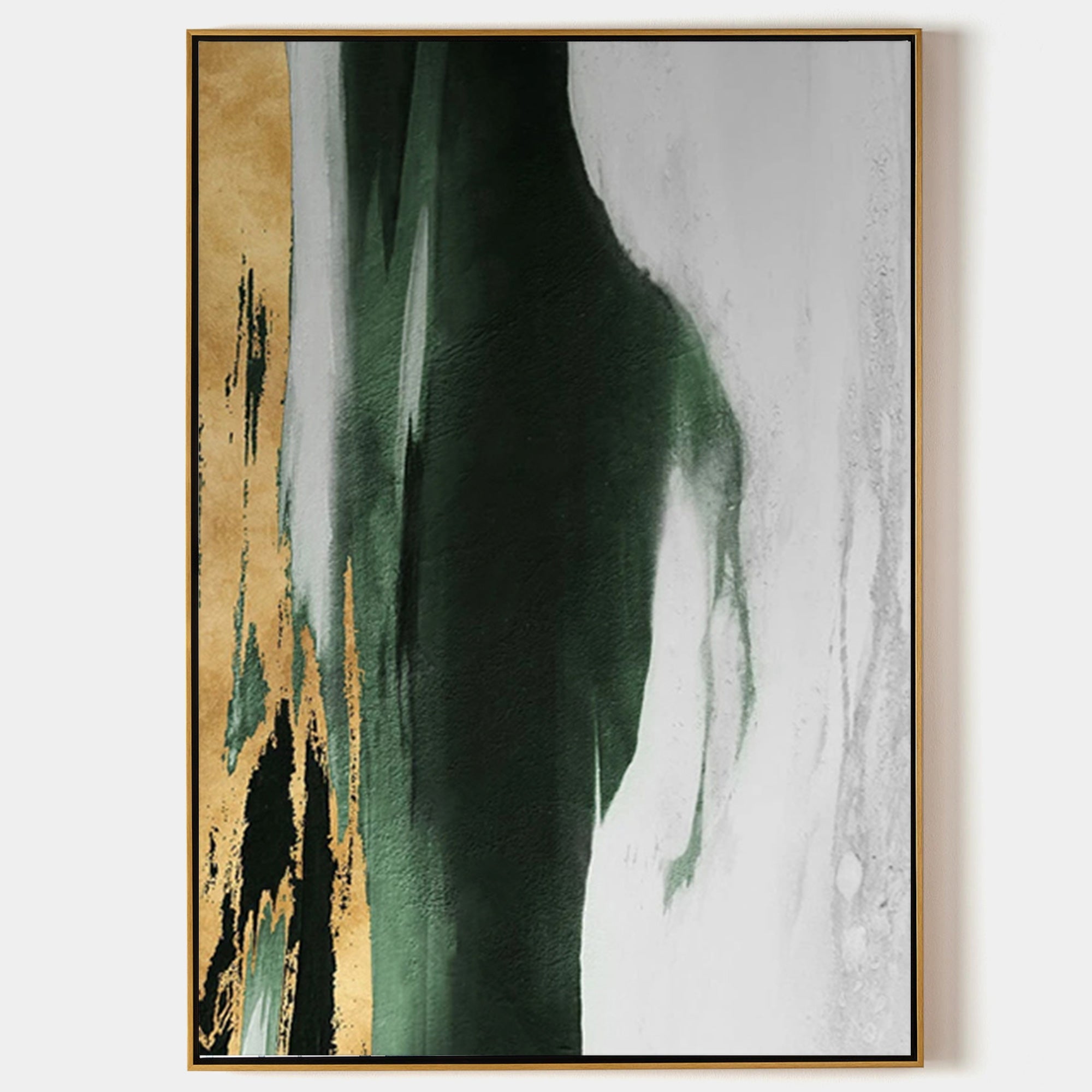 Original hand painted emerald green gold white abstract oil painting canvas wall art, nordic scandinavian elegant luxury modern home de