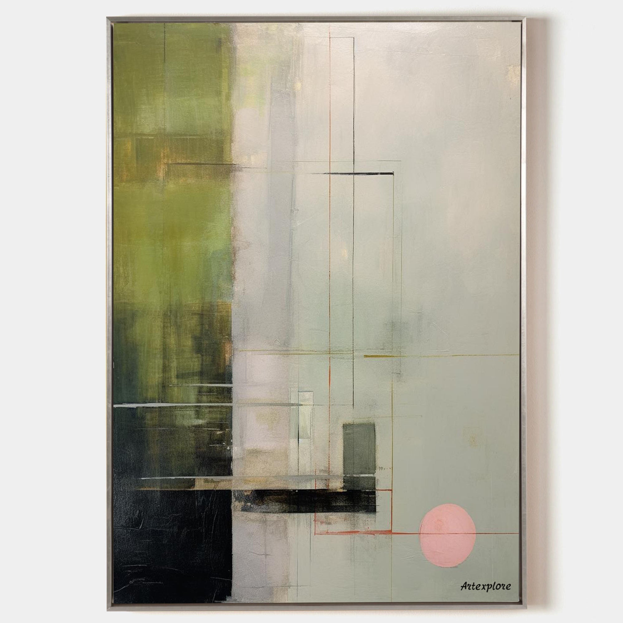 Original hand painted sage green grey geometric abstract oil painting canvas wall art, nordic scandinavian elegant luxury modern minima