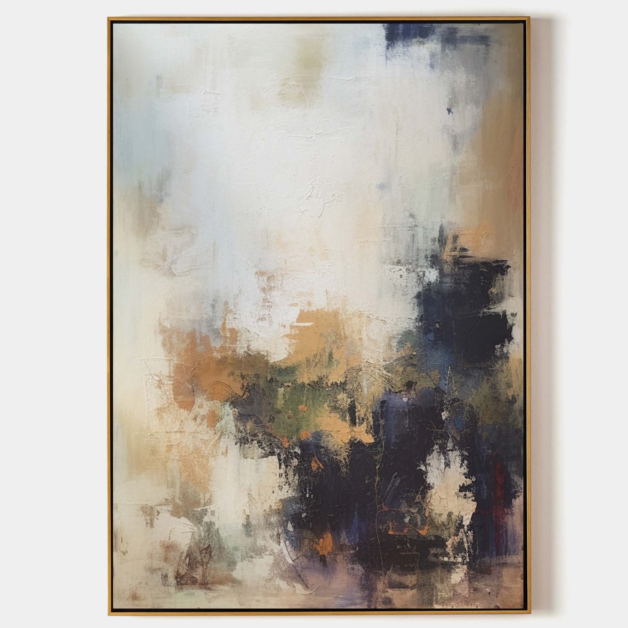 Original hand painted navy gold ivory abstract oil painting canvas wall art, nordic scandinavian elegant luxury modern living room home