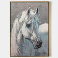 Original hand painted white horse oil painting canvas wall art, textured grey blue nordic scandinavian elegant luxury modern living roo