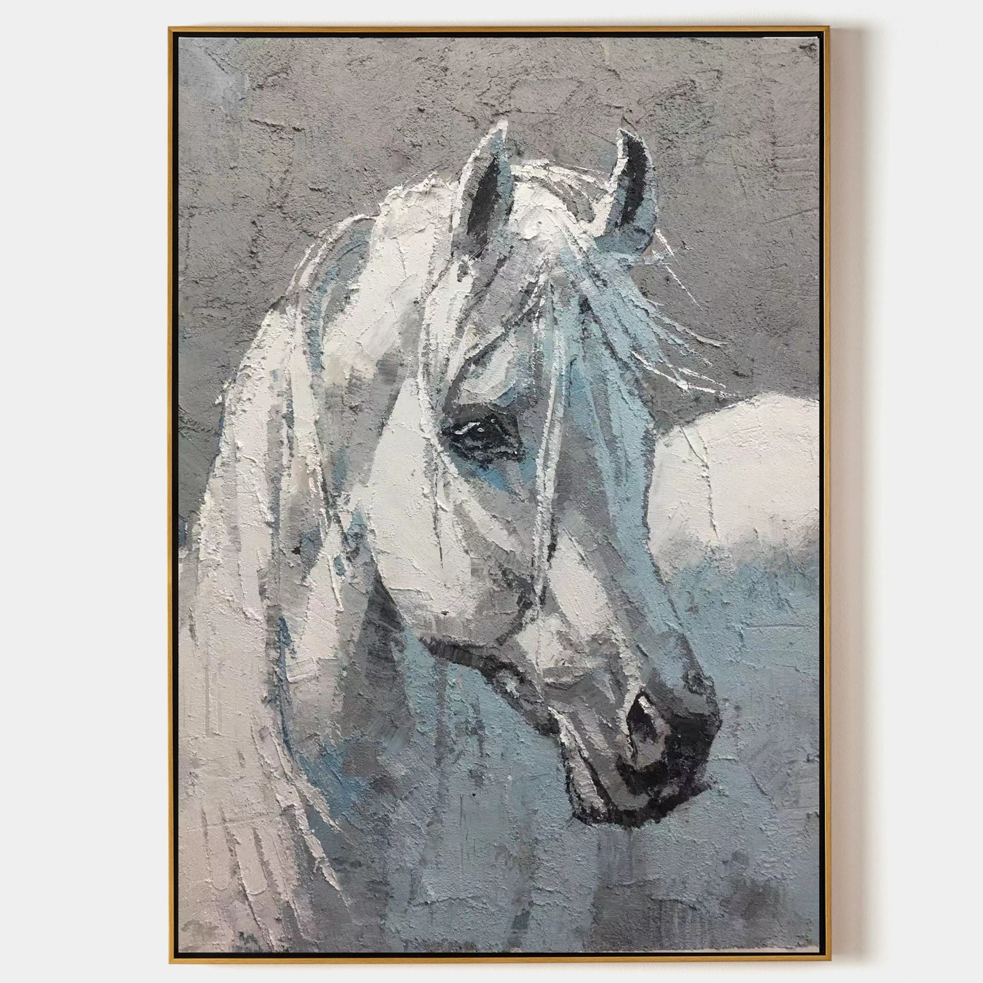 Original hand painted white horse oil painting canvas wall art, textured grey blue nordic scandinavian elegant luxury modern living roo