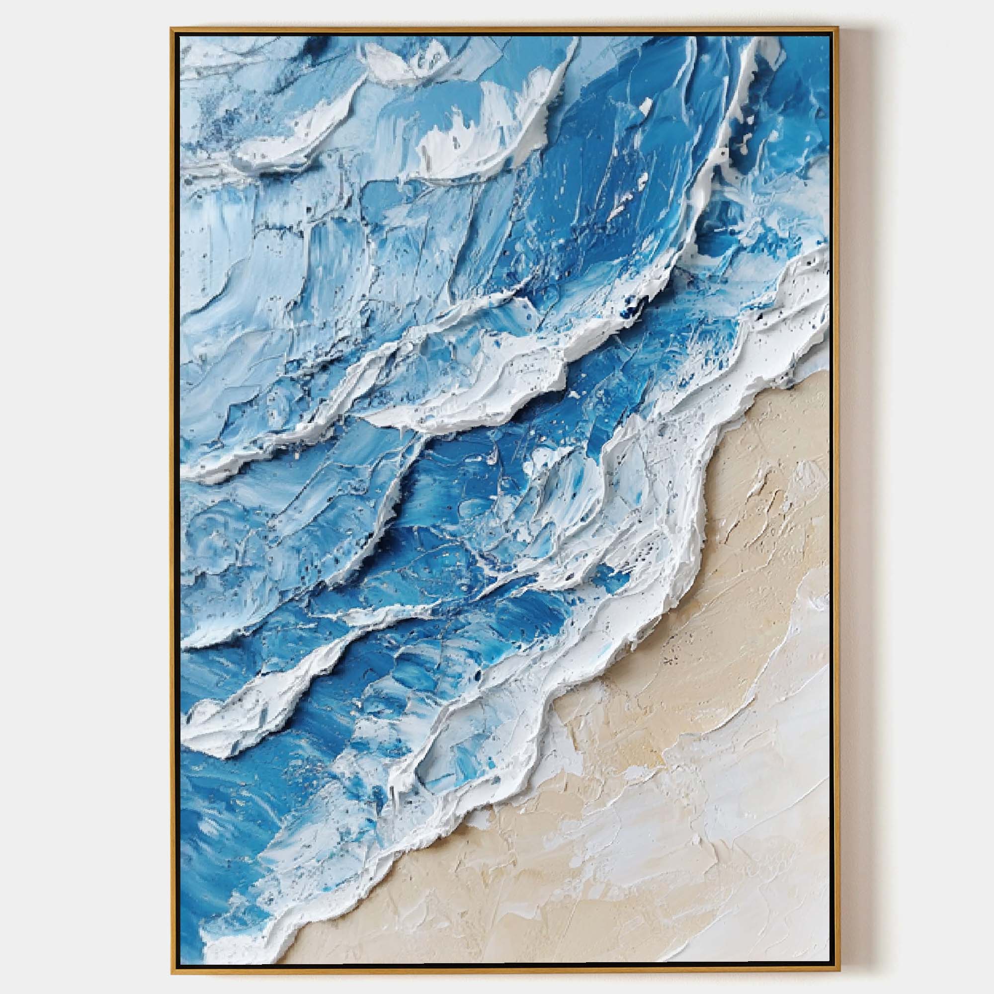 Original hand painted blue white coastal abstract oil painting canvas wall art, nordic scandinavian elegant luxury modern beach home de