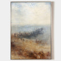 Original hand painted coastal abstract oil painting, misty sandy shore steel blue haze elegant luxury nordic scandinavian modern living