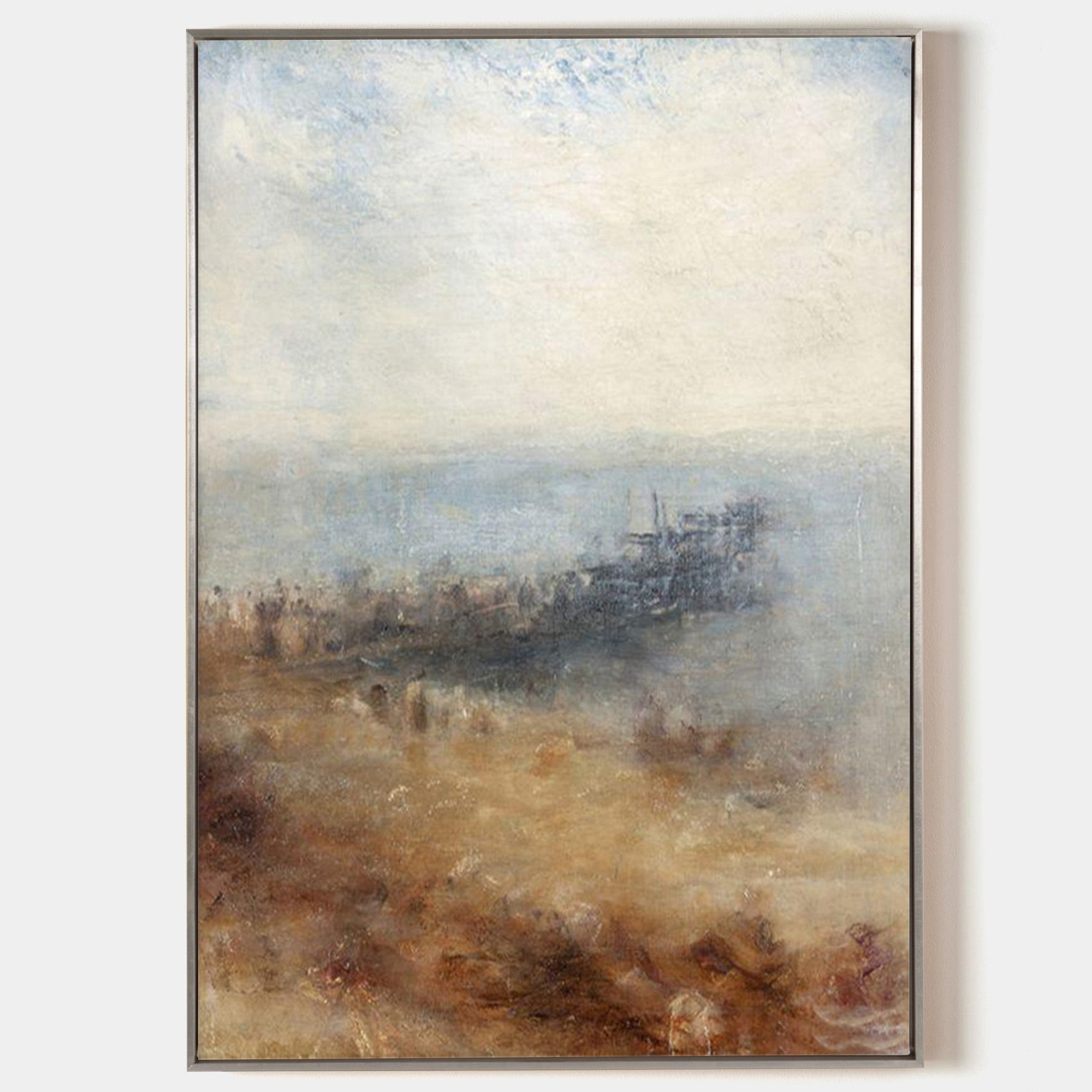 Original hand painted coastal abstract oil painting, misty sandy shore steel blue haze elegant luxury nordic scandinavian modern living