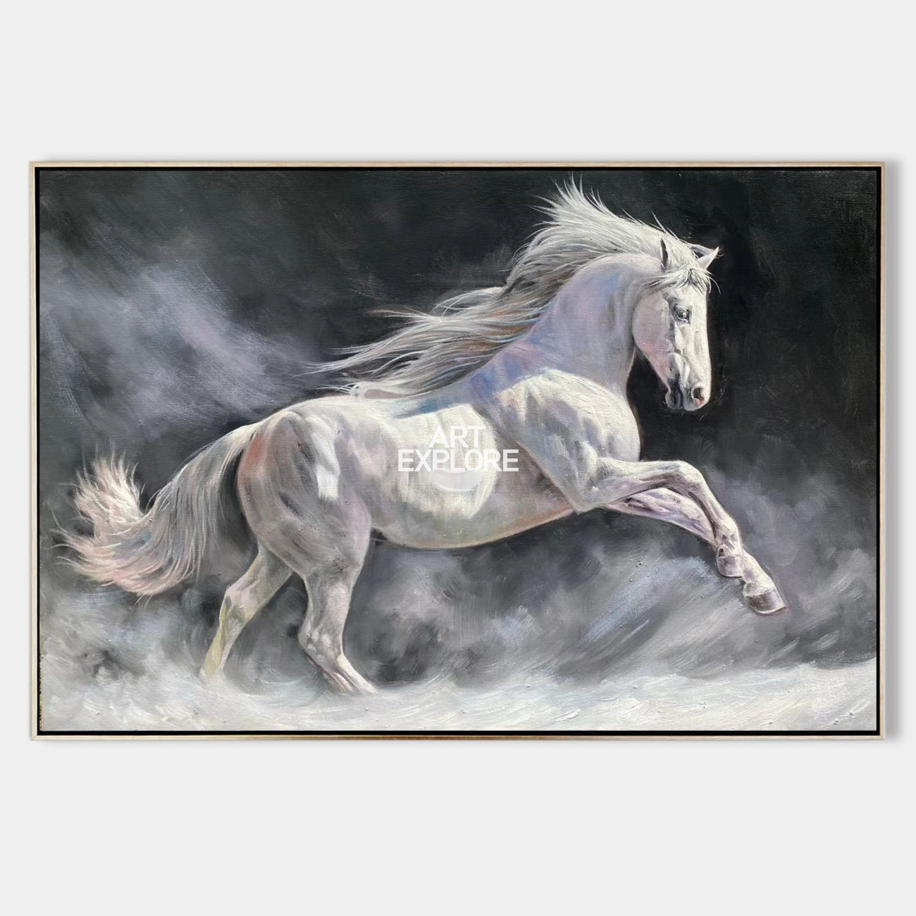 Original hand painted white horse galloping oil painting canvas wall art, elegant luxury modern nordic scandinavian monochrome home dec