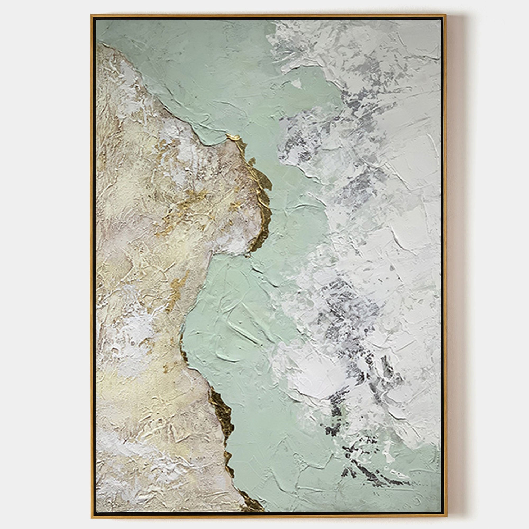 Original hand painted sage green gold abstract oil painting canvas wall art, nordic scandinavian minimalist elegant luxury modern livin
