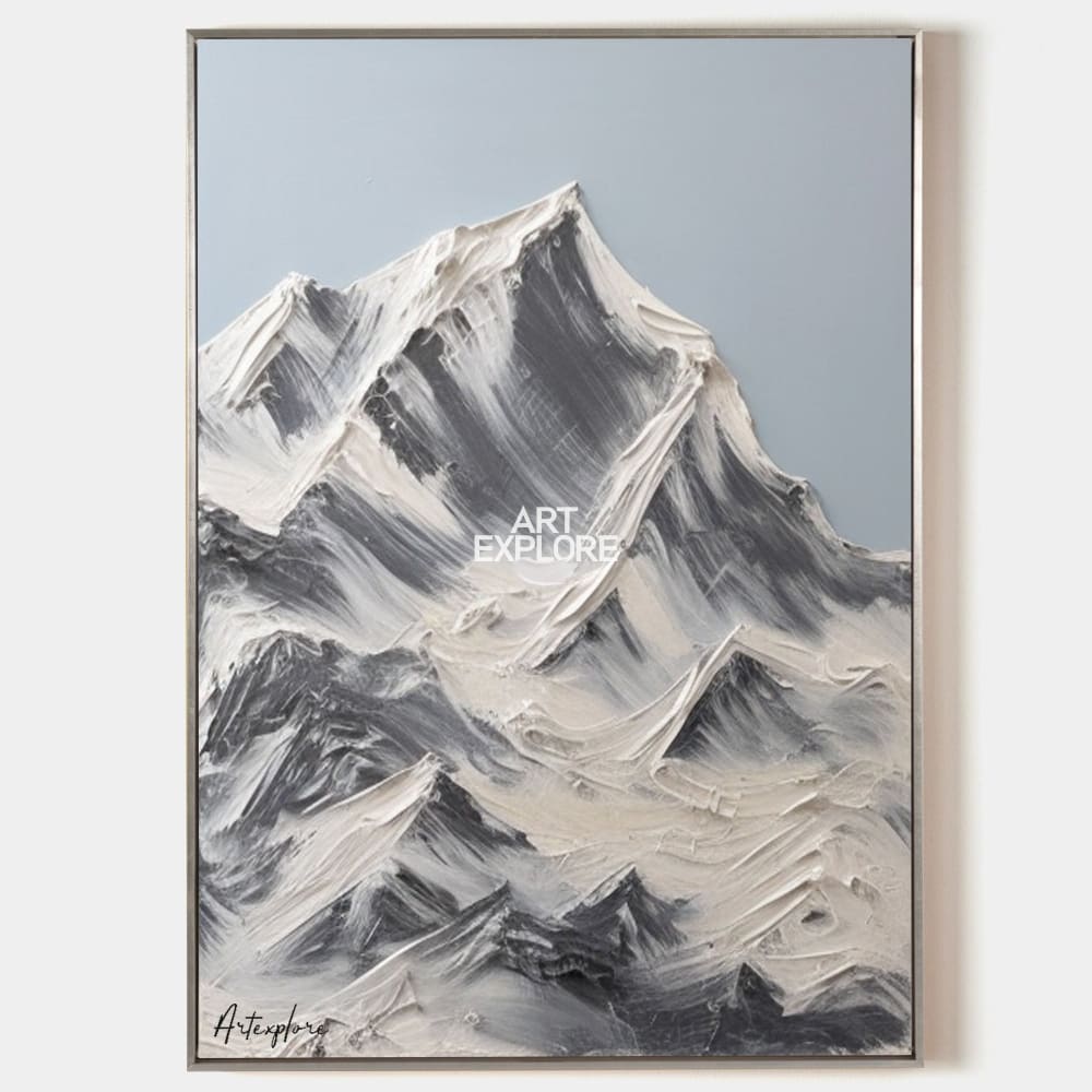 Original hand painted white charcoal mountain oil painting canvas wall art, nordic scandinavian minimalist elegant luxury modern living