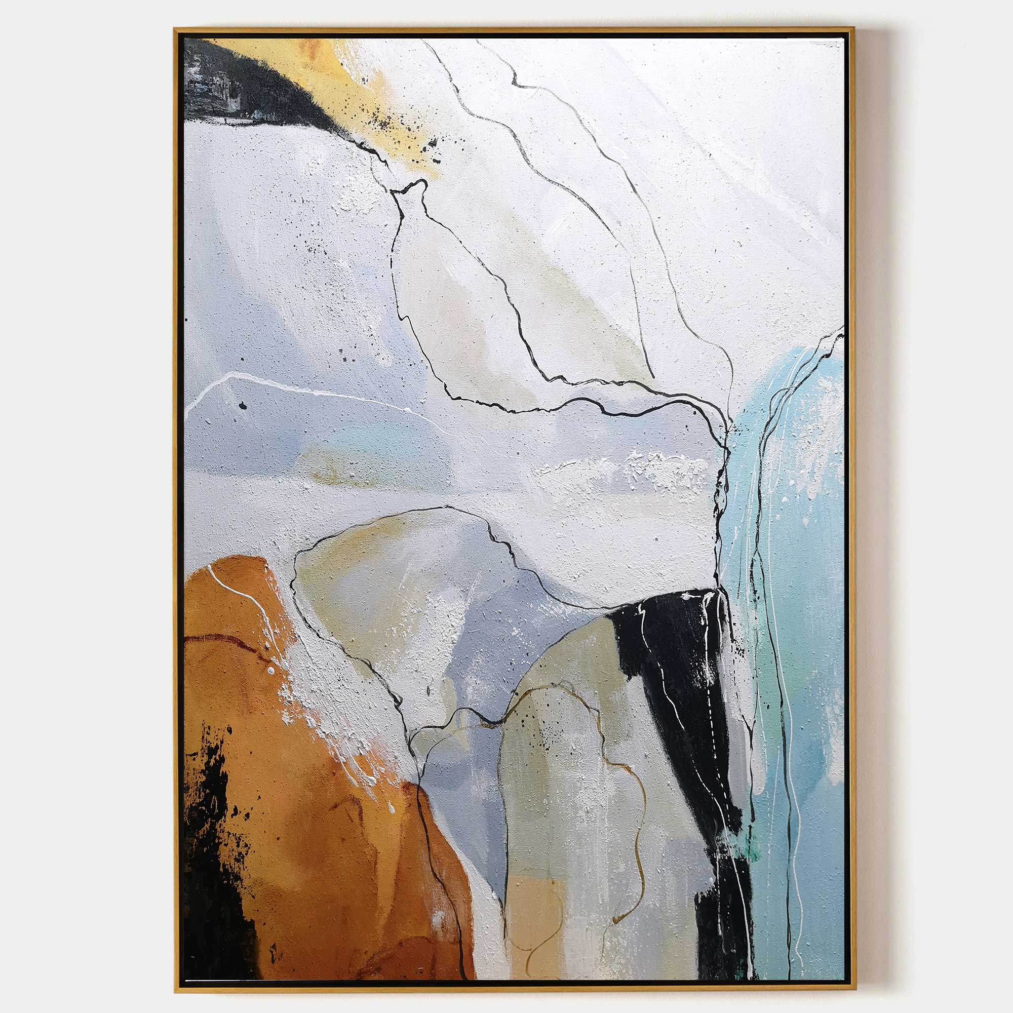 Original hand painted sienna terracotta slate blue abstract oil painting canvas wall art, nordic scandinavian elegant luxury modern liv