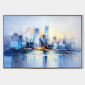 Original hand painted blue abstract city skyline oil painting canvas wall art, nordic elegant luxury modern living room interior design