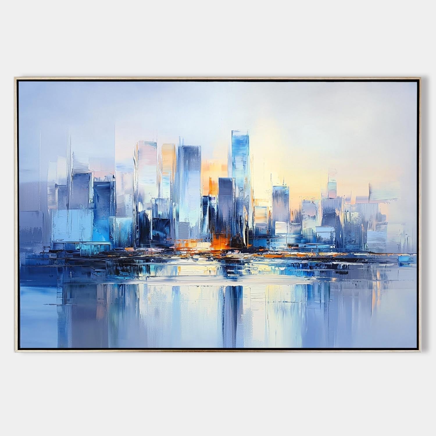 Original hand painted blue abstract city skyline oil painting canvas wall art, nordic elegant luxury modern living room interior design