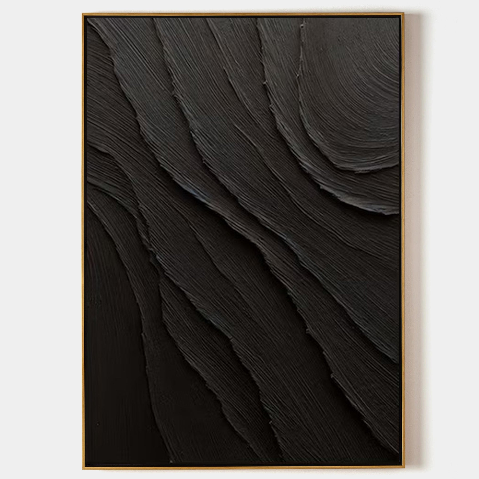 Original hand painted black abstract oil painting canvas, deep textured wave ridges, nordic scandinavian minimalist elegant luxury mode