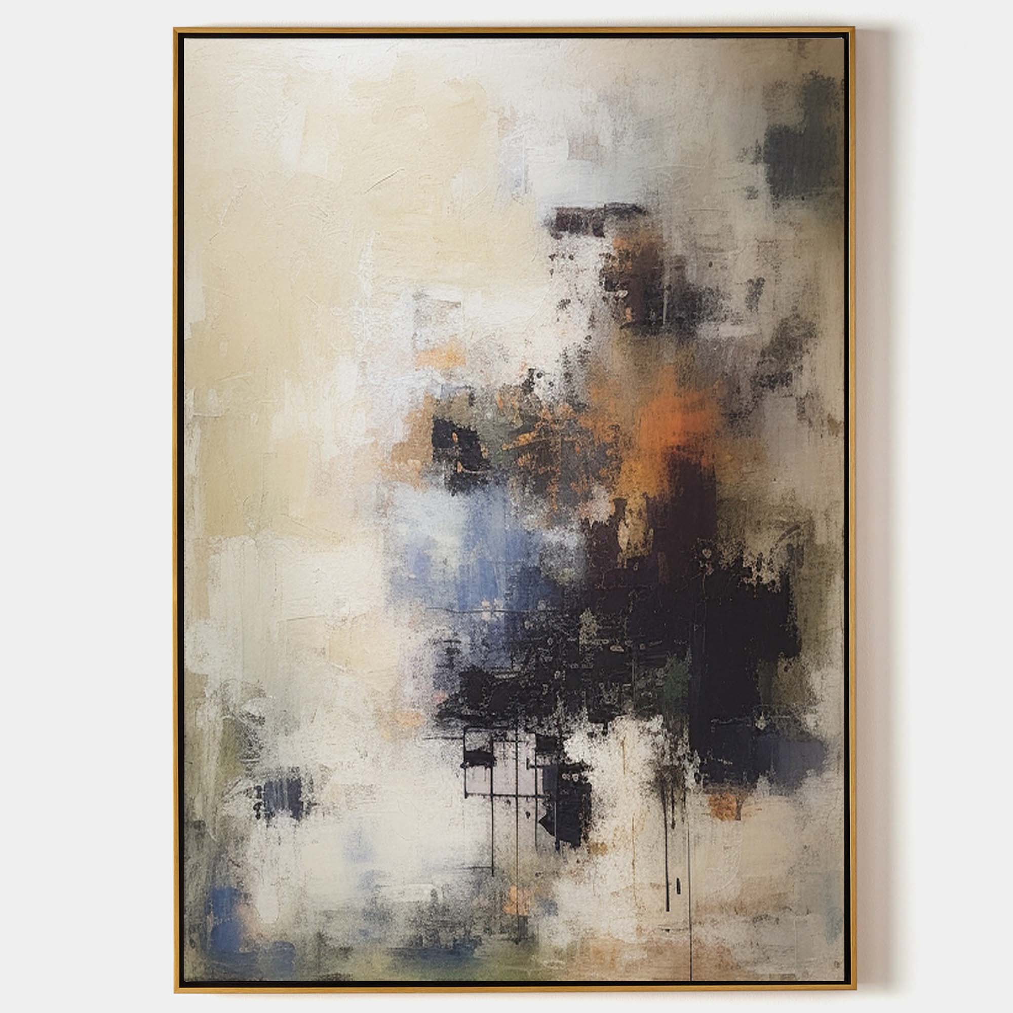 Original hand painted ochre charcoal abstract oil painting canvas wall art, nordic scandinavian elegant luxury modern living room inter
