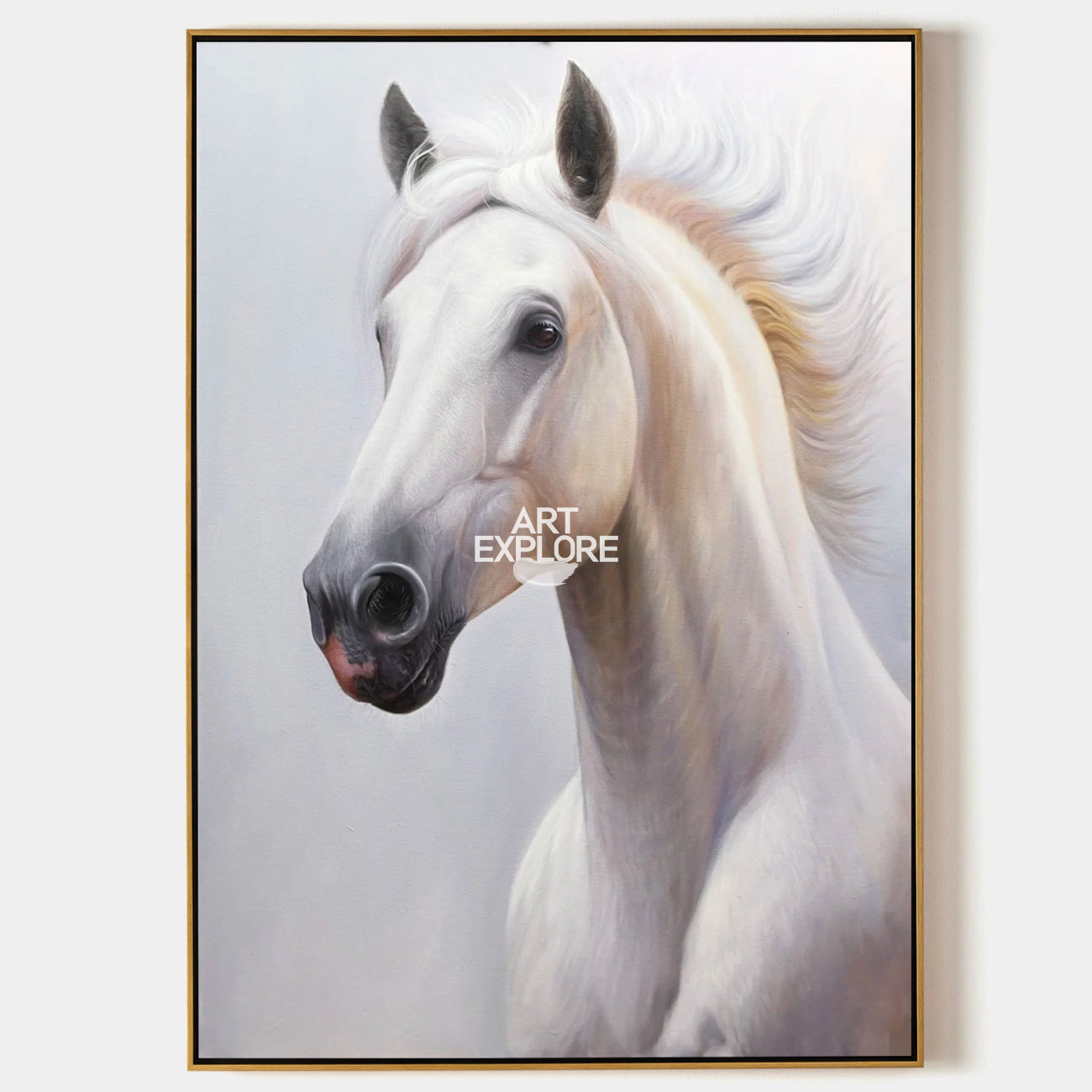 Original hand painted white horse oil painting canvas wall art, elegant minimalist nordic scandinavian luxury modern living room home d