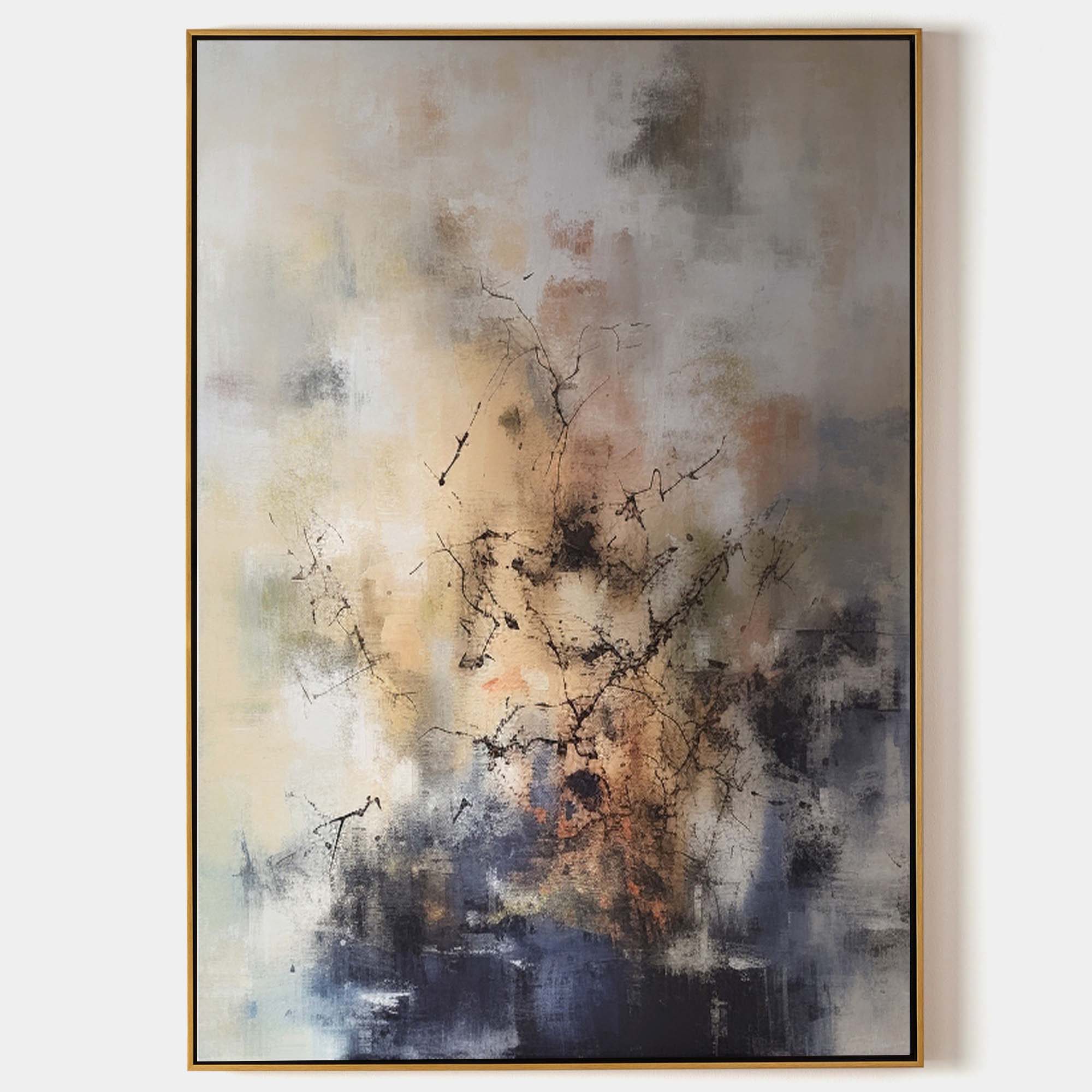Original hand painted amber charcoal abstract oil painting canvas wall art, nordic scandinavian elegant luxury modern living room inter