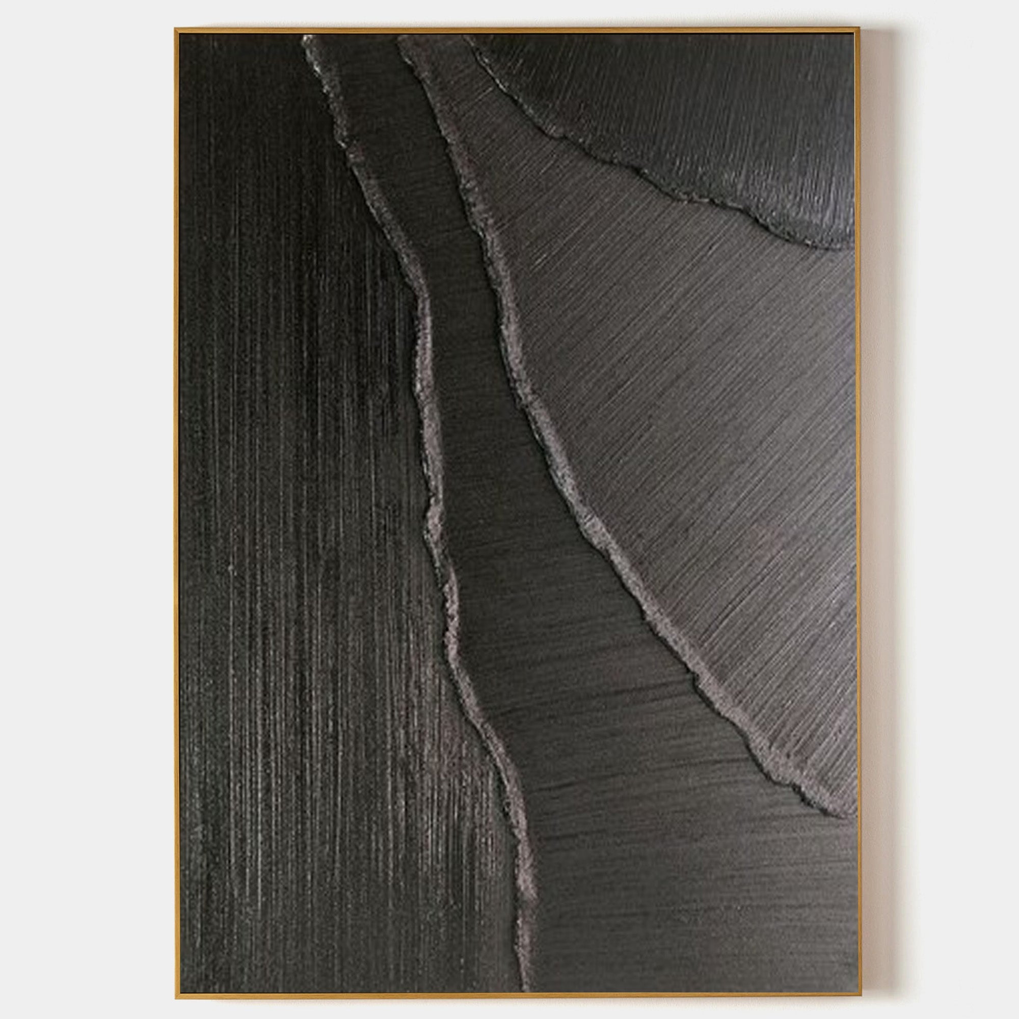 Original hand painted black charcoal abstract oil painting canvas wall art, raised texture ridges, nordic scandinavian minimalist elega