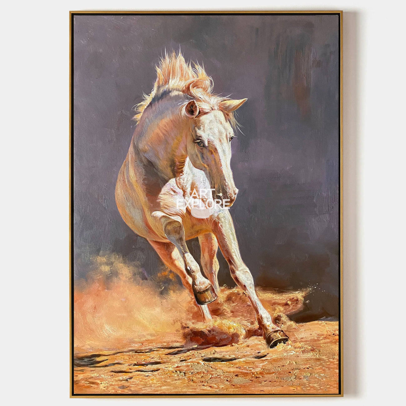Original hand painted amber gold galloping horse oil painting canvas wall art, elegant luxury modern dramatic living room home decor in