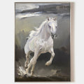 Original hand painted white horse galloping oil painting canvas, moody grey atmospheric elegant luxury nordic scandinavian modern livin