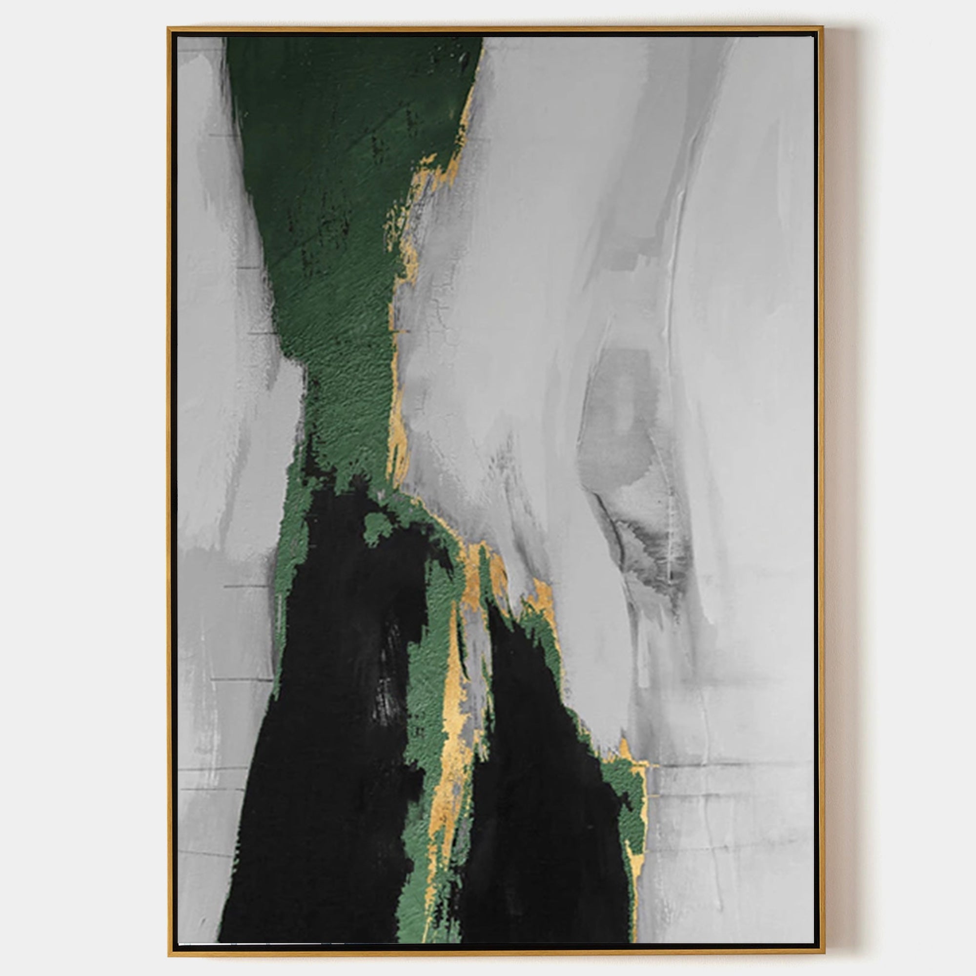 Original hand painted emerald green black gold abstract oil painting canvas wall art, nordic scandinavian elegant luxury modern living