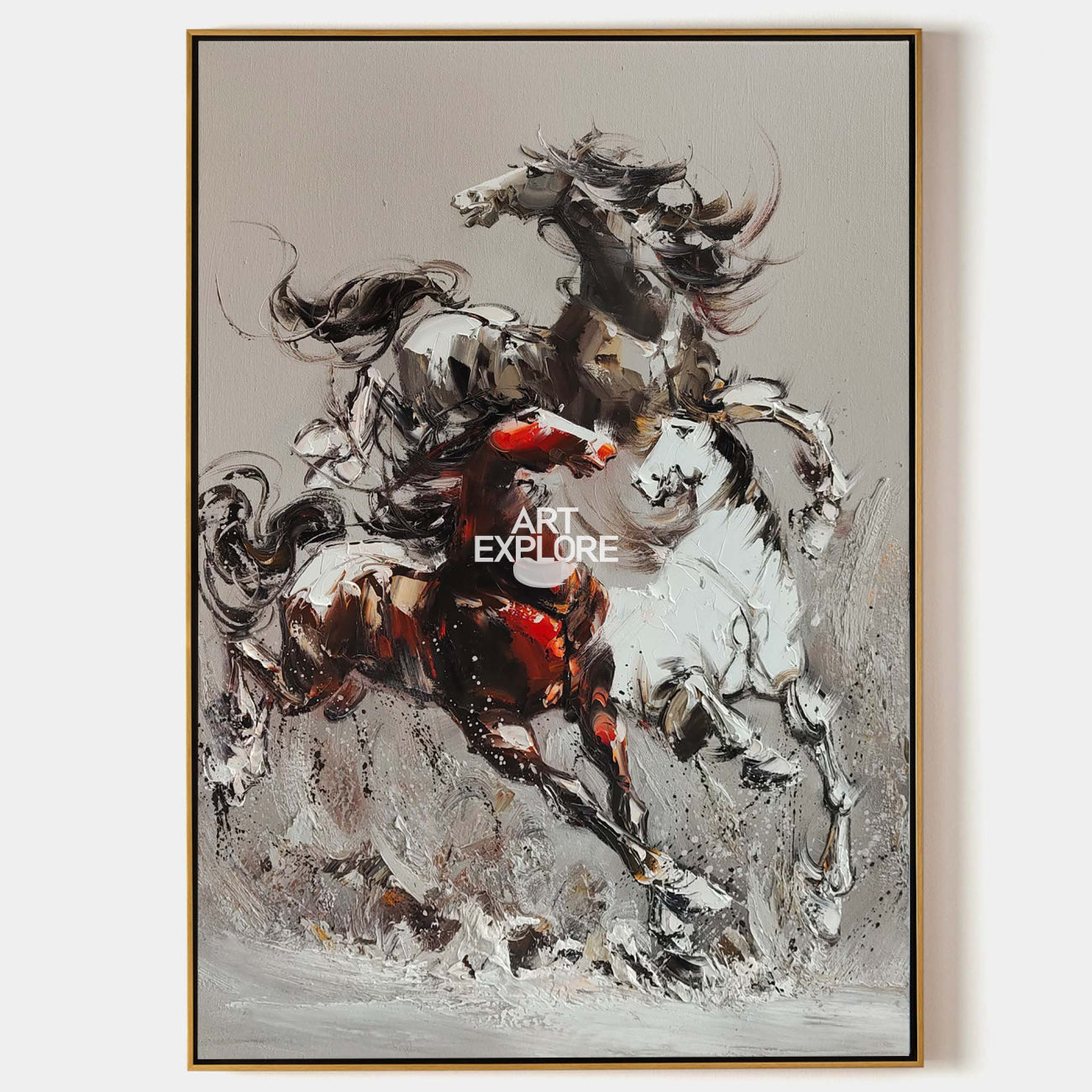 Original hand painted crimson black white abstract horse oil painting canvas wall art, modern elegant luxury nordic scandinavian home d