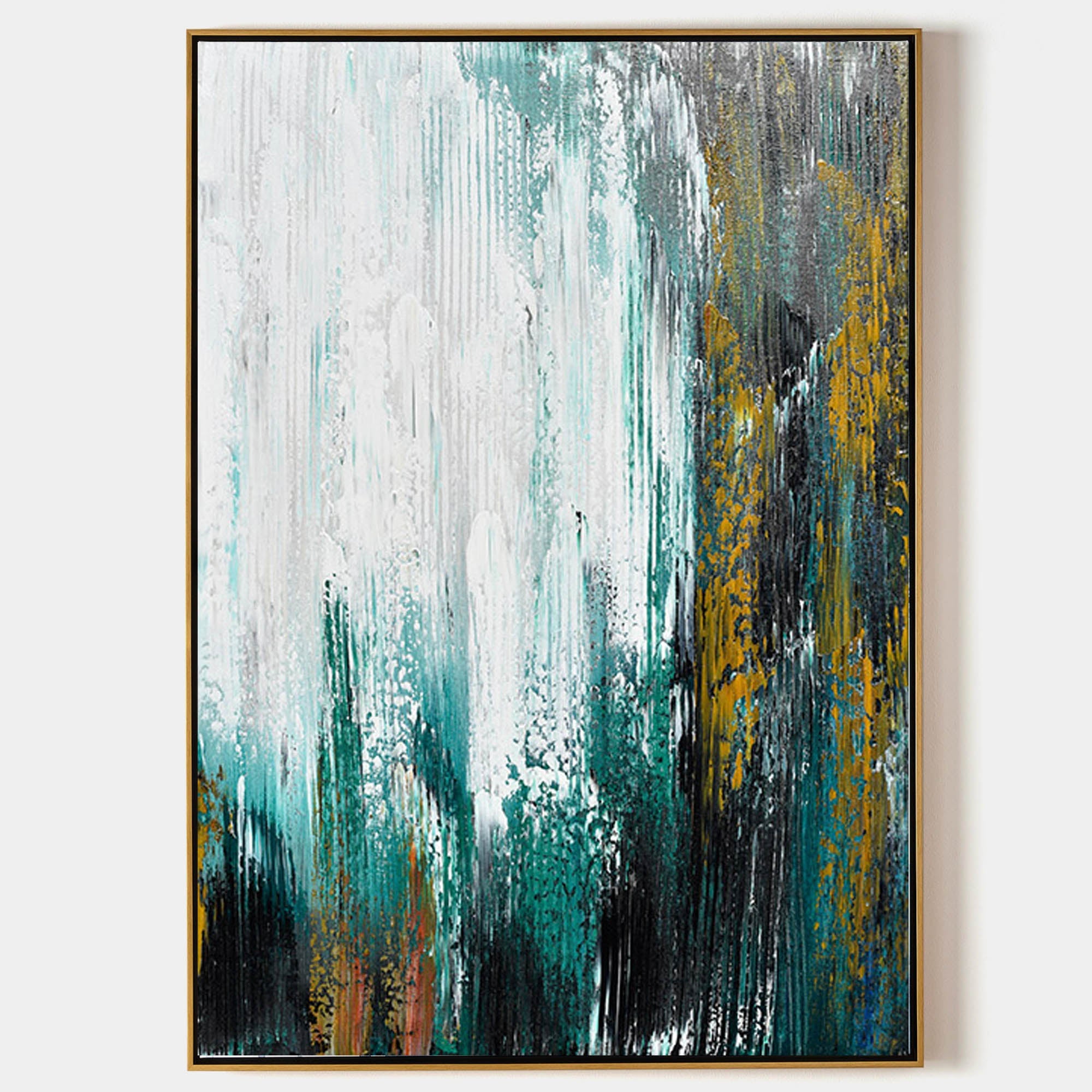 Original hand painted teal gold black abstract oil painting canvas wall art, modern nordic scandinavian elegant luxury living room inte