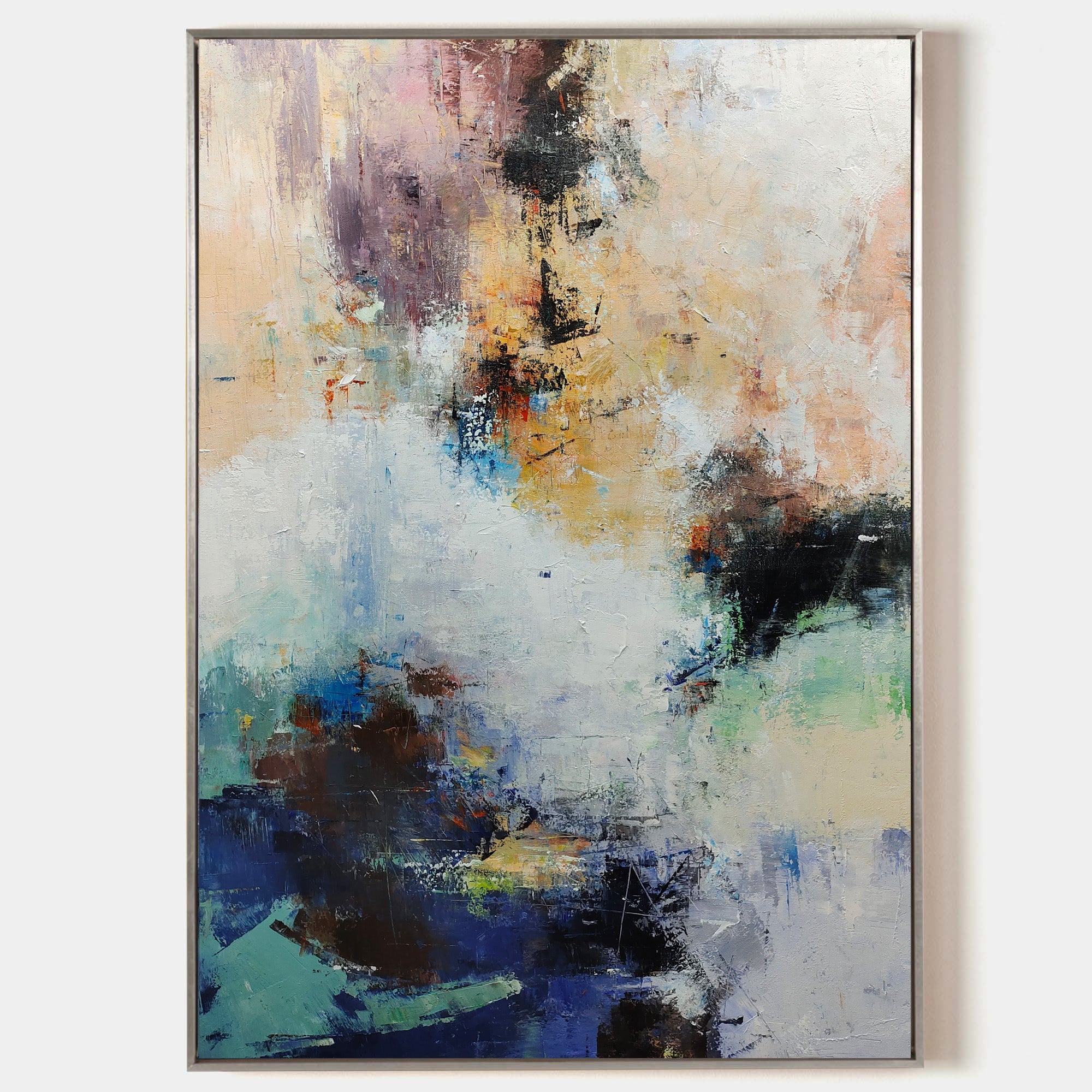 Original hand painted abstract oil painting, deep navy blue ivory gold teal textured canvas wall art, modern scandinavian elegant luxur