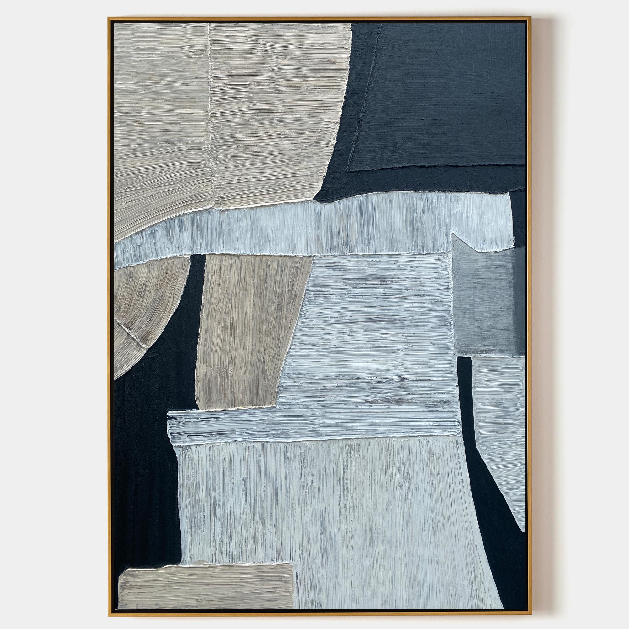 Original hand painted navy slate blue beige abstract oil painting canvas wall art, nordic scandinavian geometric minimalist elegant lux
